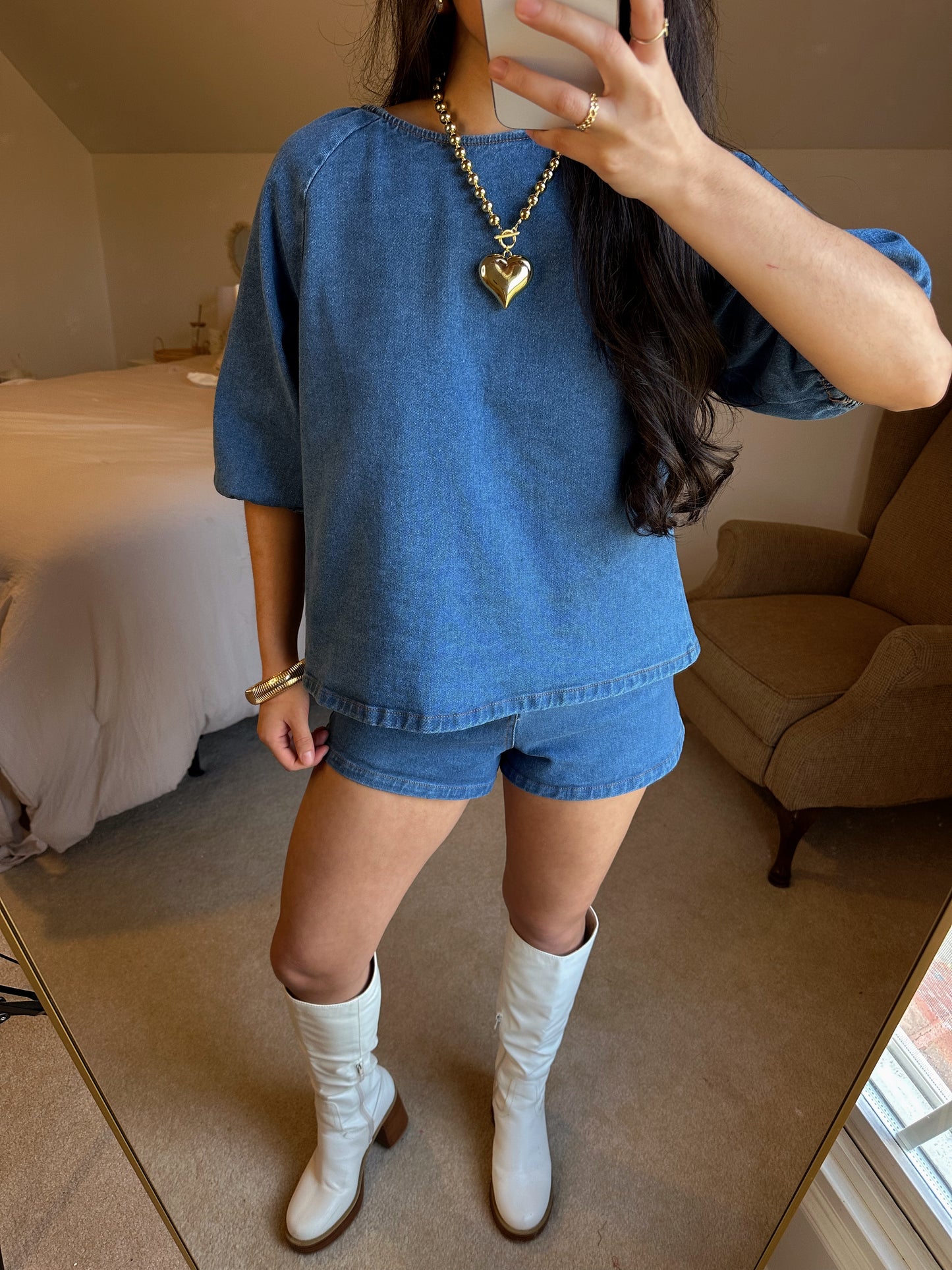Denim Puff Sleeve Top & Shorts Set