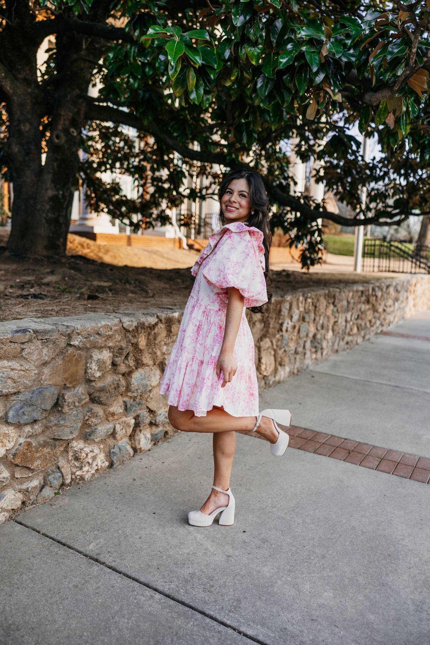 Pink Roses Ruffle V-Neck Dress