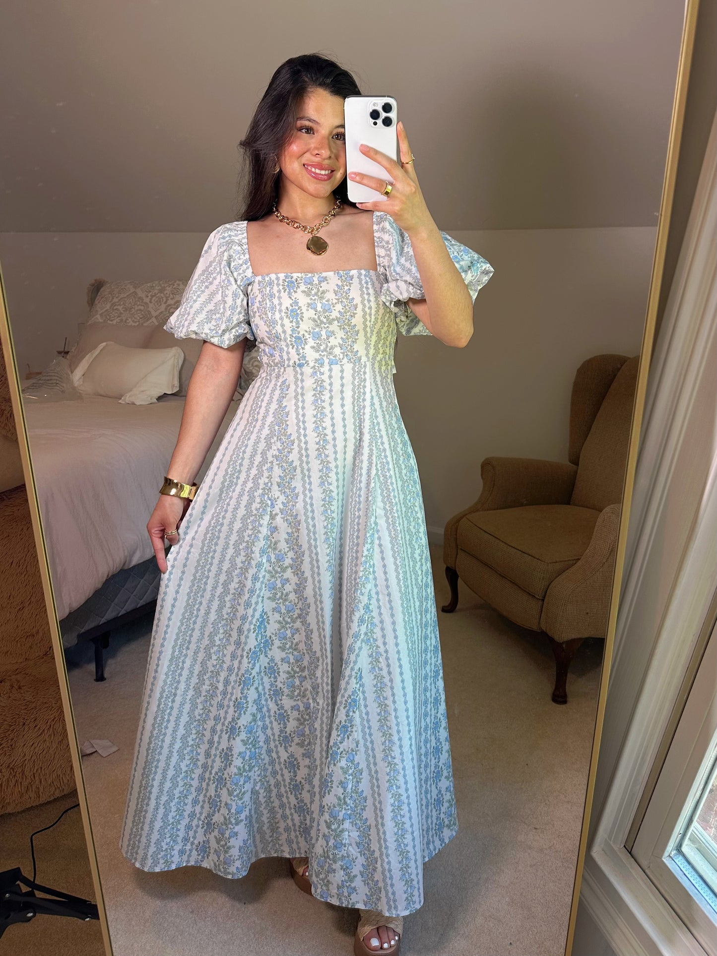 Blue Florals Puff Sleeve Maxi Dress