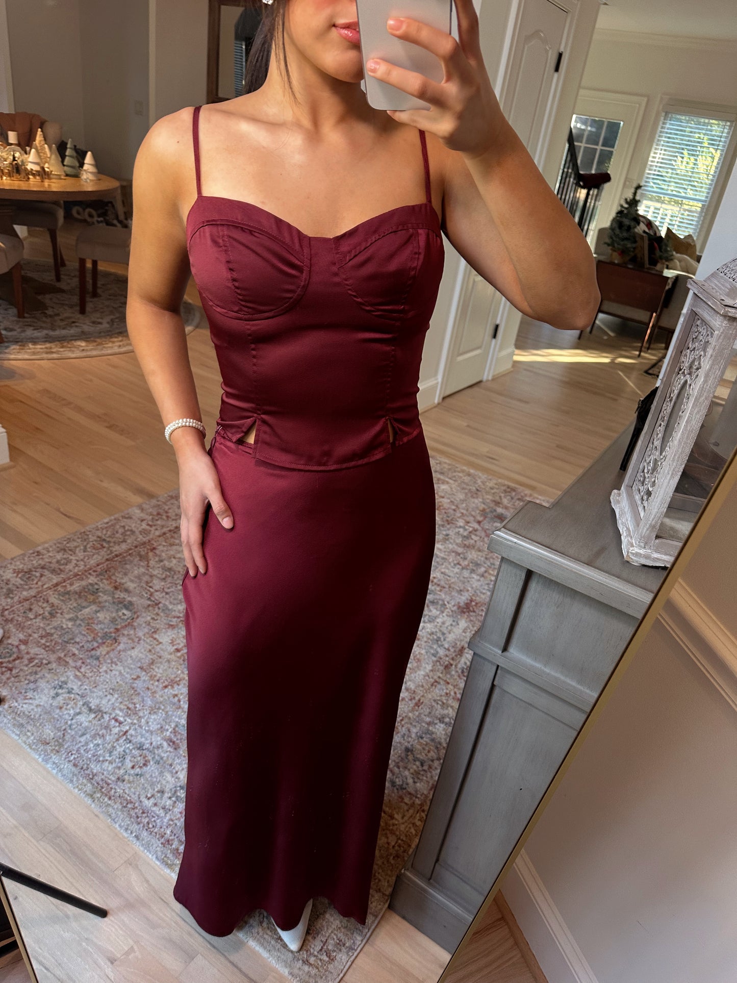 Burgundy Satin Top & Skirt Set