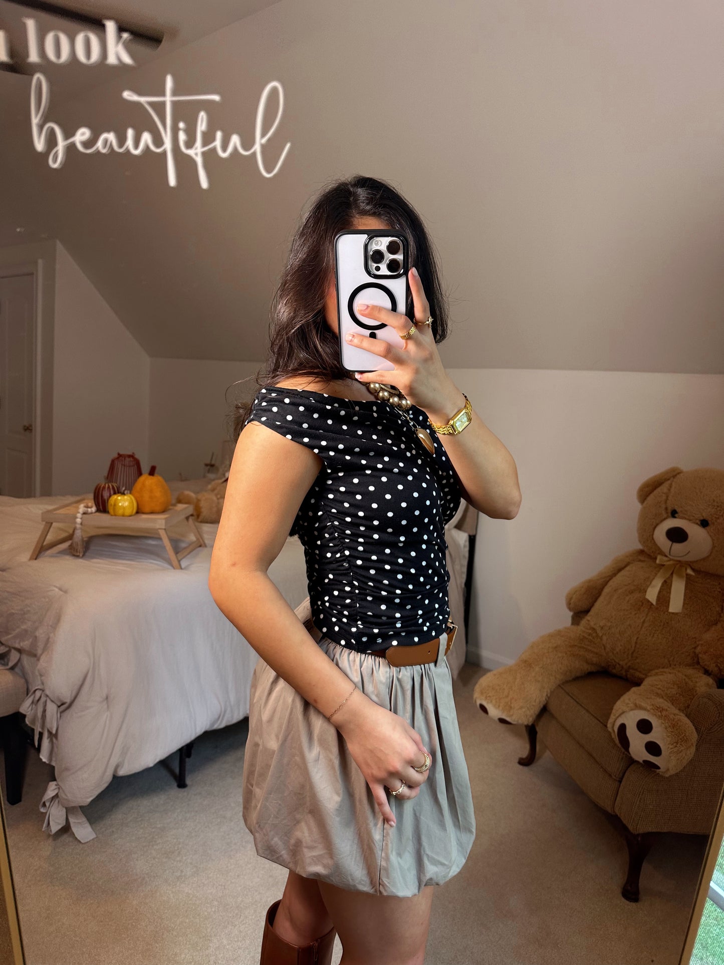 Black White Polka Dot Off-Shoulder Top