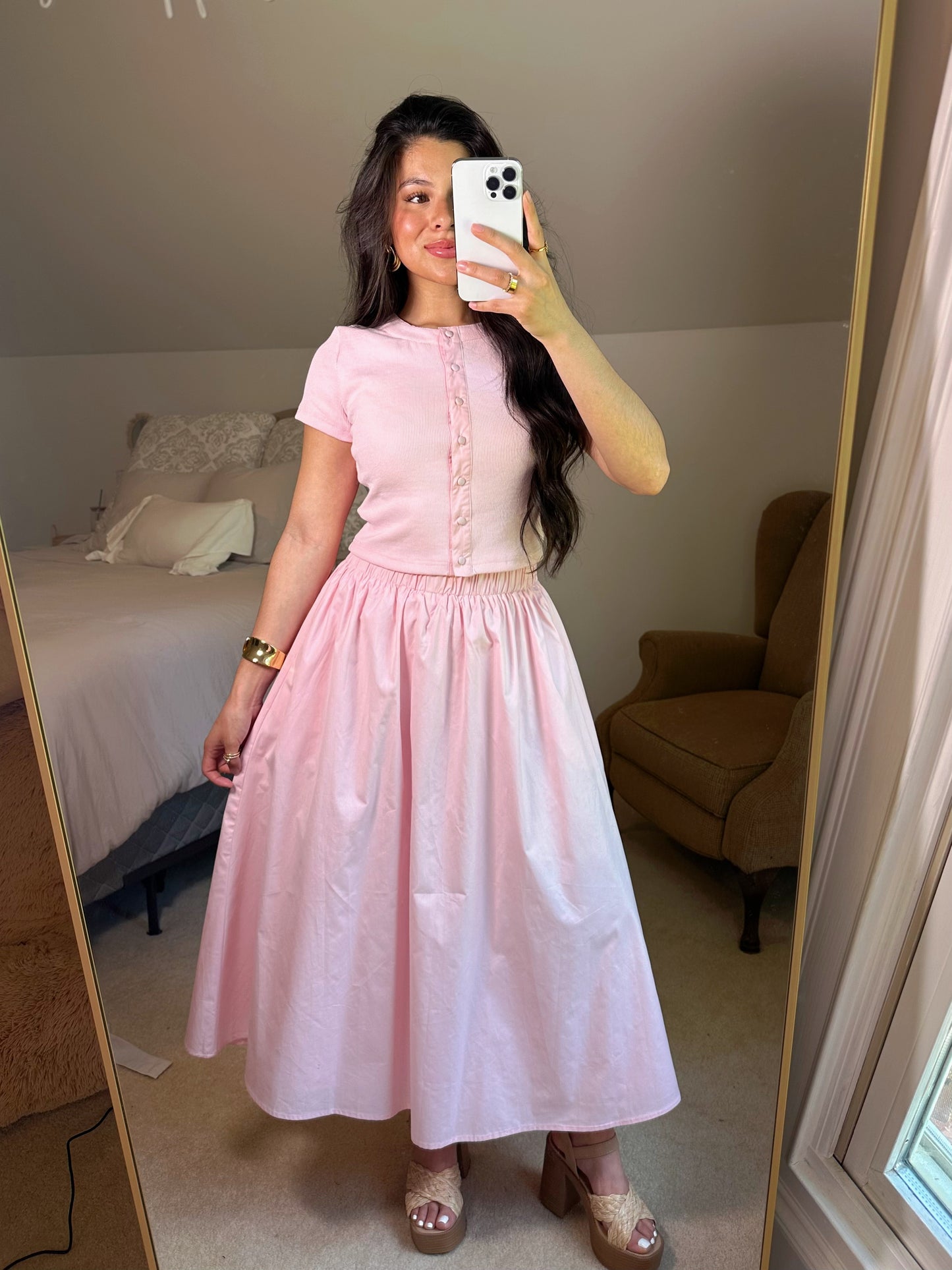 Baby Pink Button Top & Skirt Set