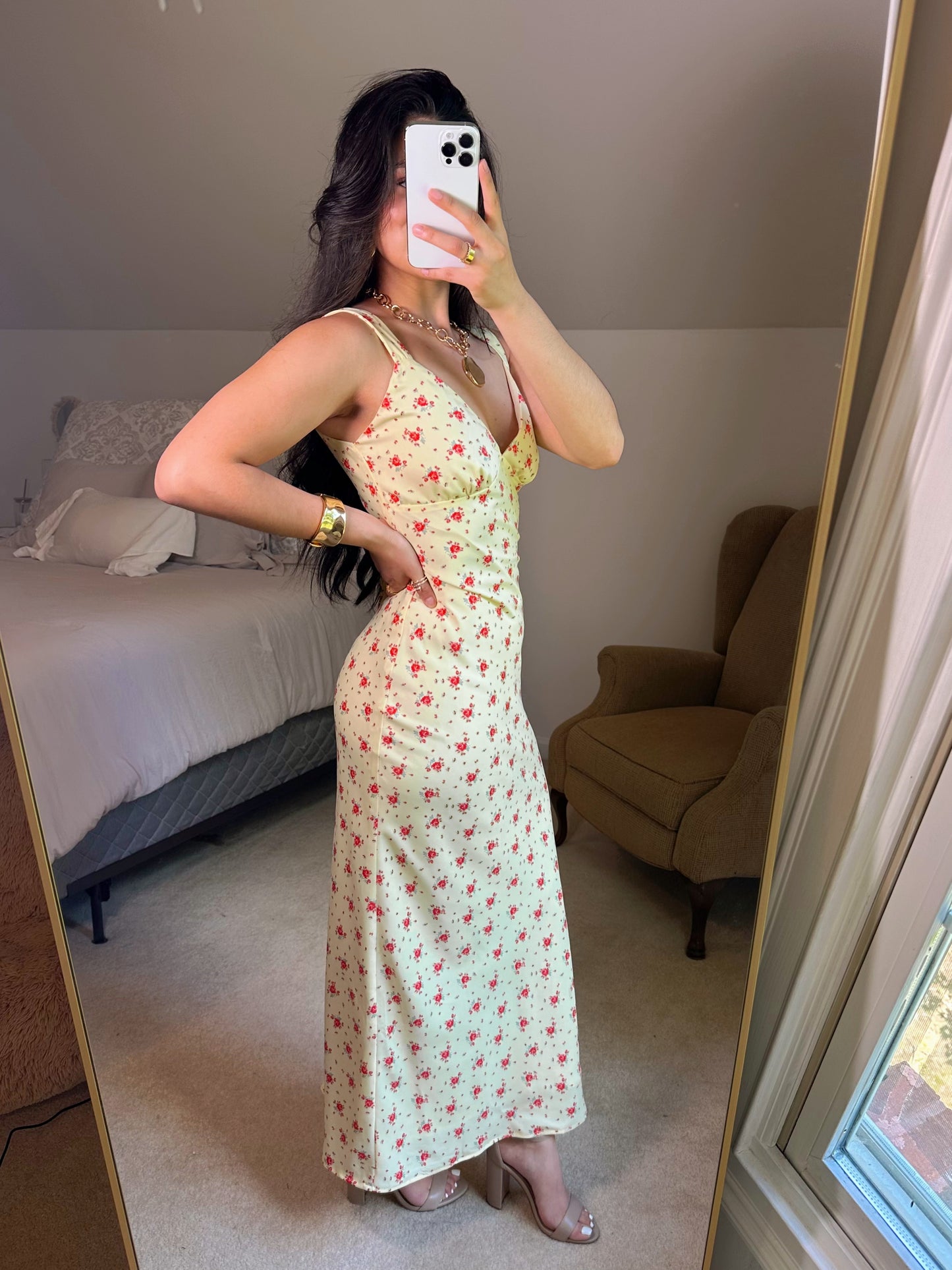 Yellow & Red Floral Satin Midi Dress