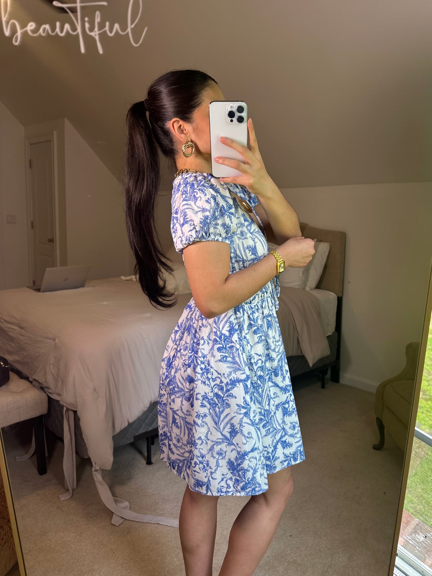 Blue Vines Plunge Neckline Mini Dress