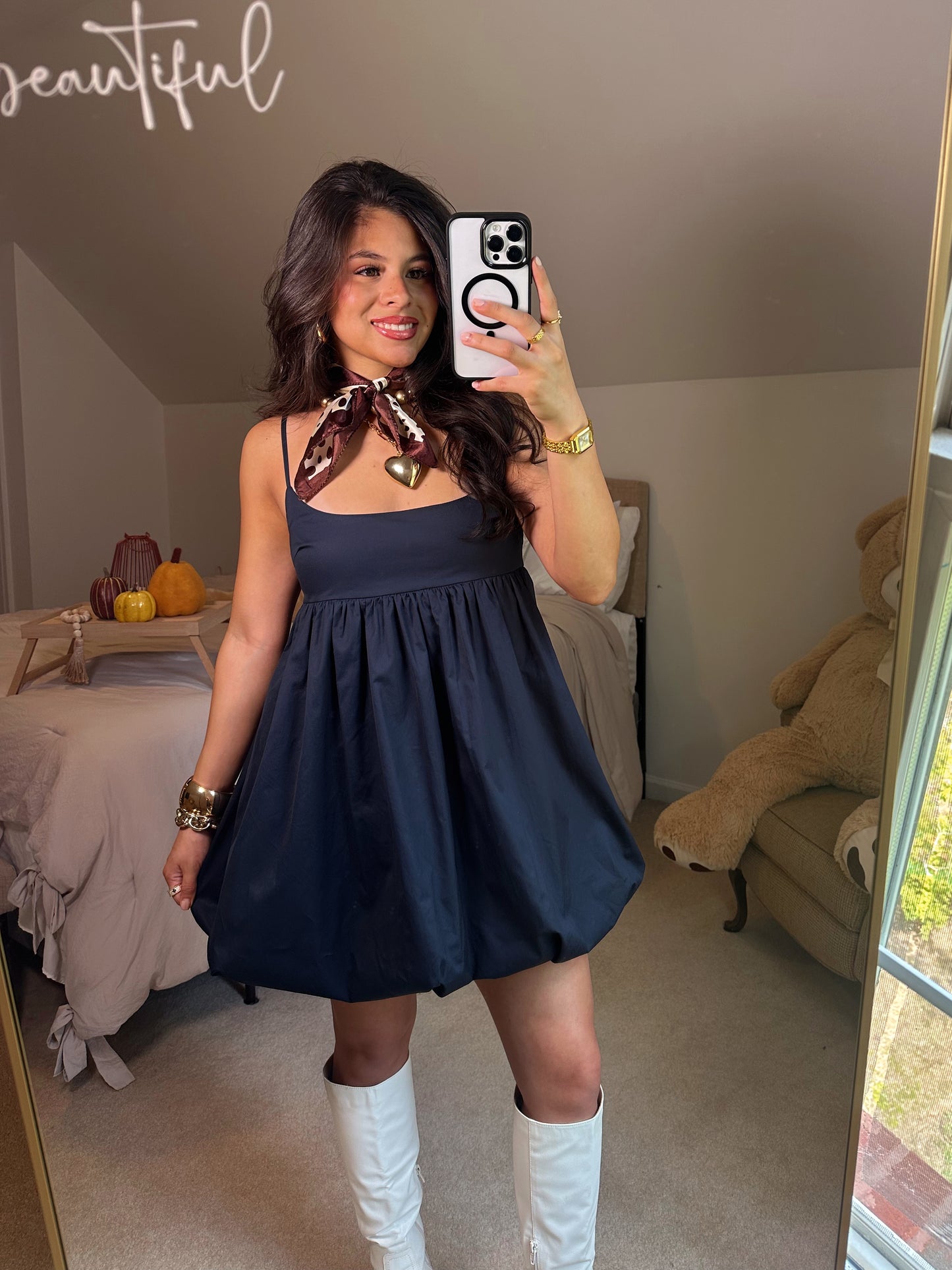Navy Poplin Bubble Hem Dress
