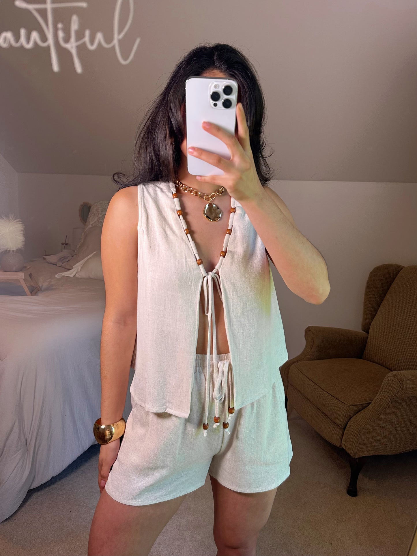 Tiki Beaded Open Front Top & Short Set