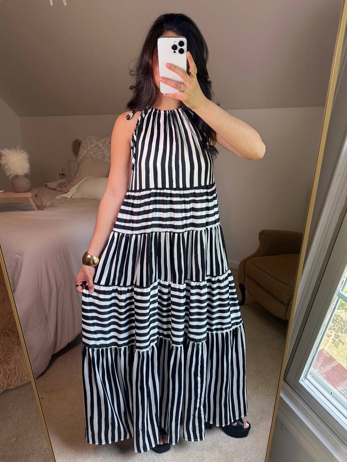 Black & White Striped Halter Maxi Dress
