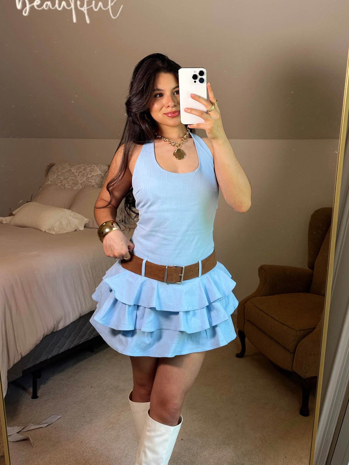 Baby Blue Ruffle Belted Halter Romper
