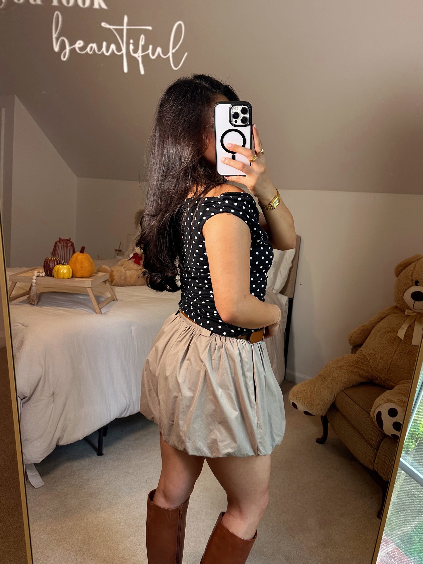 Black White Polka Dot Off-Shoulder Top