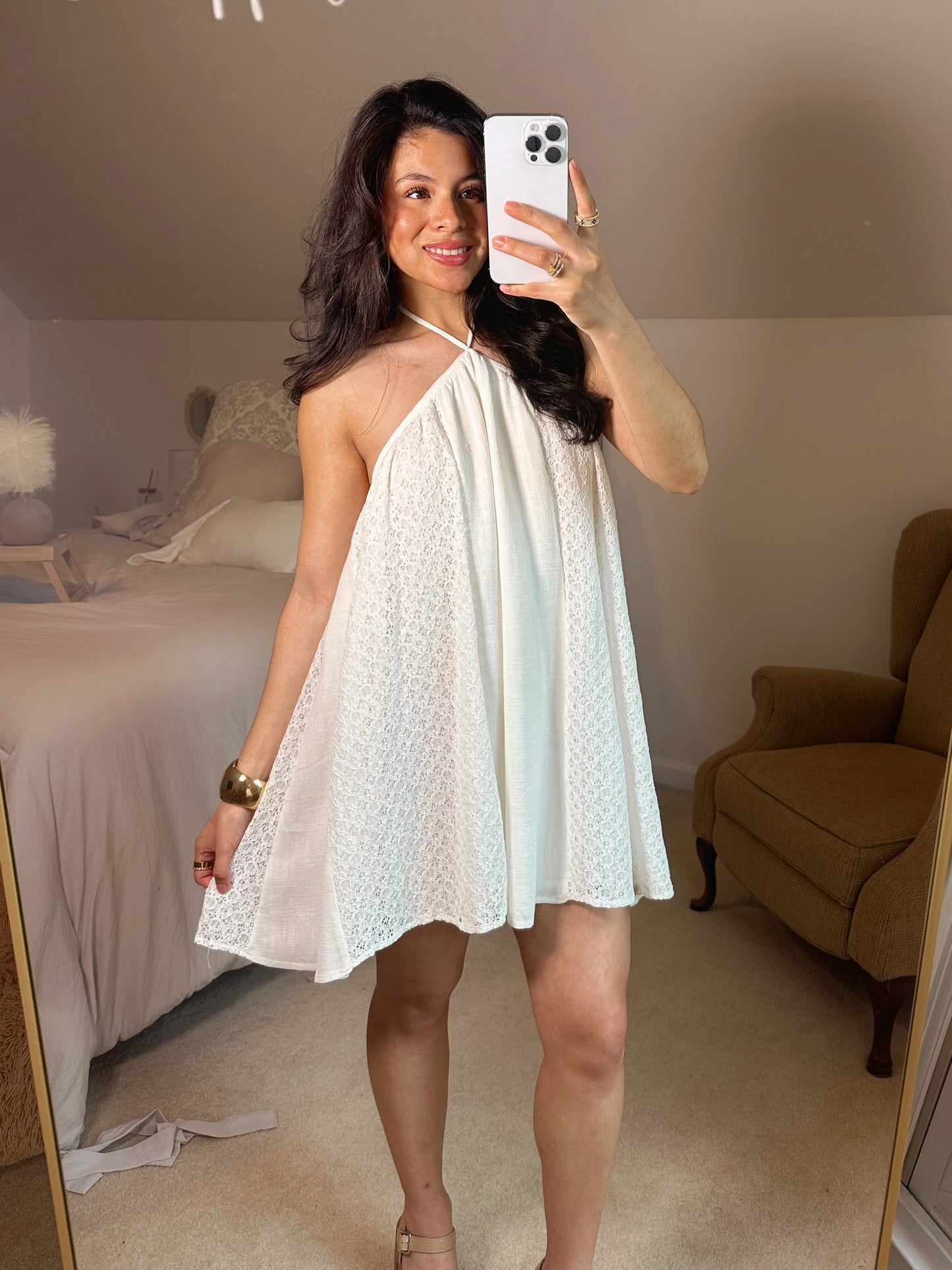 Lace Detail Open Back Halter Mini Dress