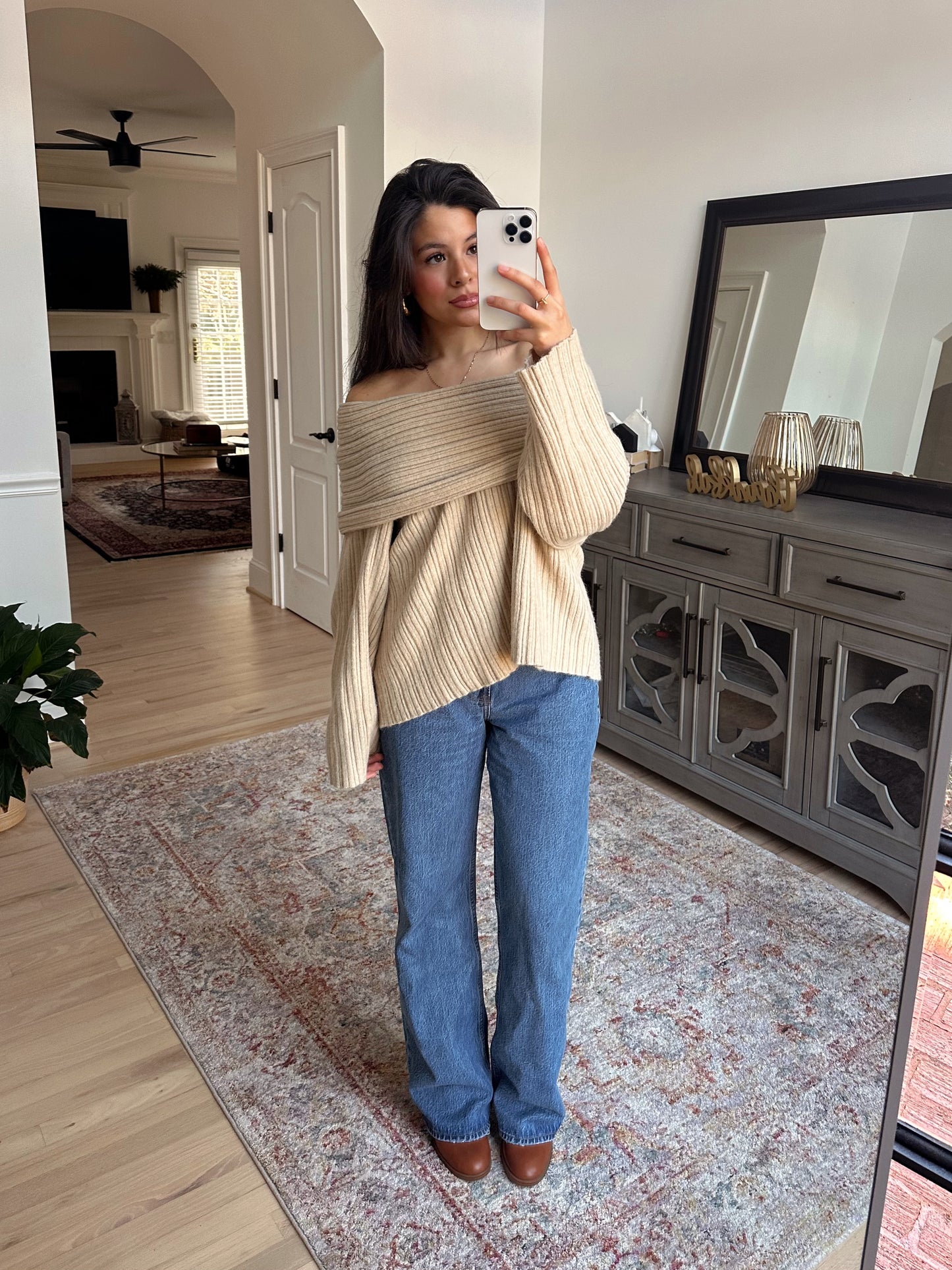 Tan Chunky Off-Shoulder Sweater