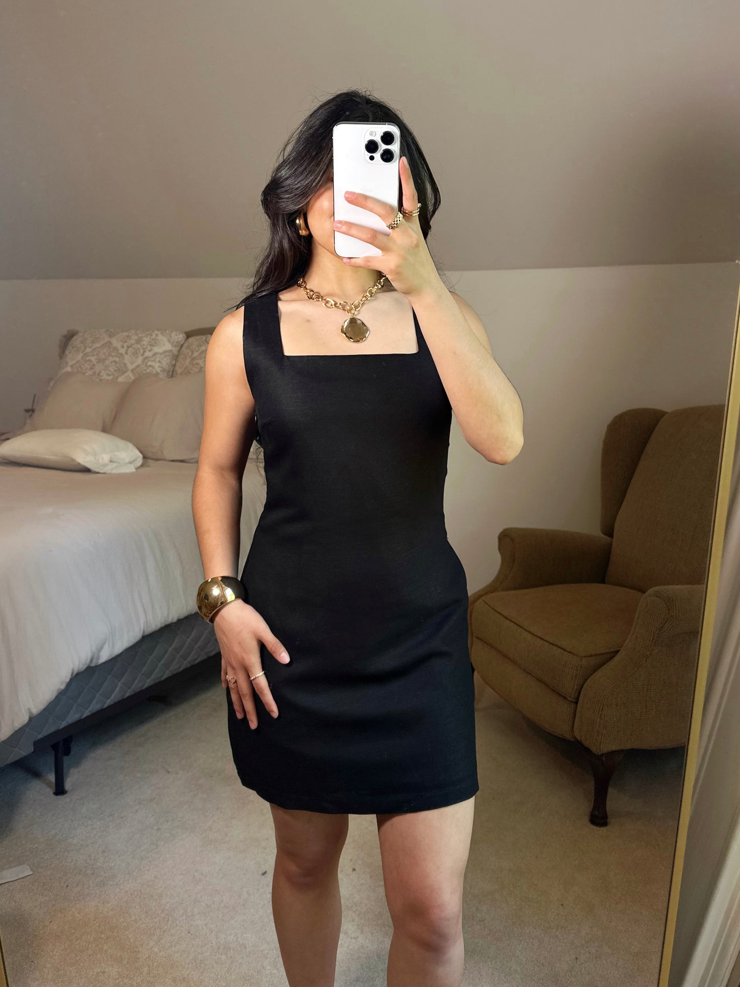Black Linen Square Neck Dress