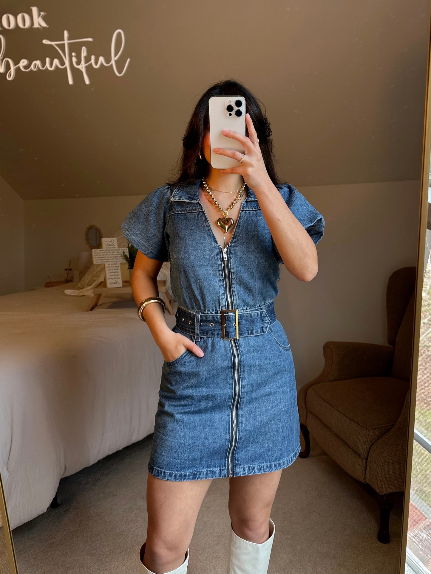 Denim Belted Zip-Up Dress