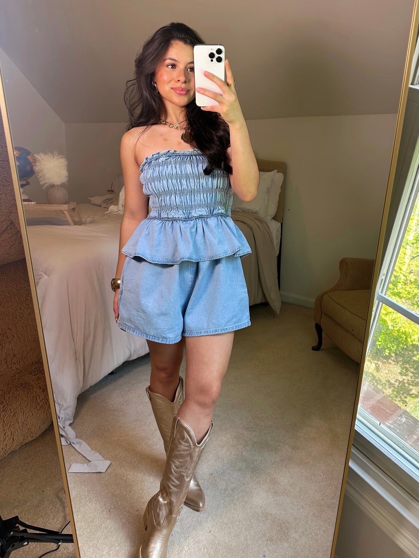 Denim Smocked Strapless Romper