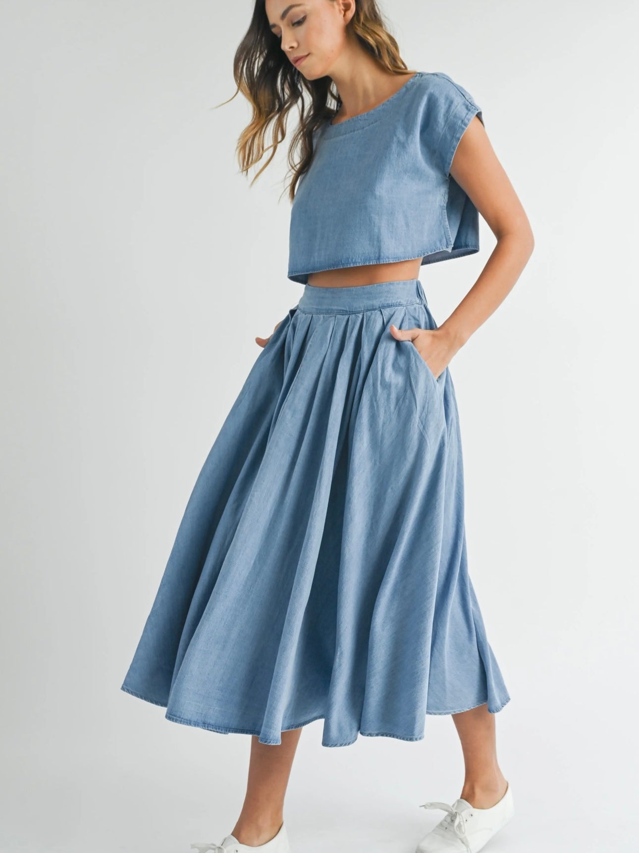 Denim Top and Poplin Pleated Skirt Set