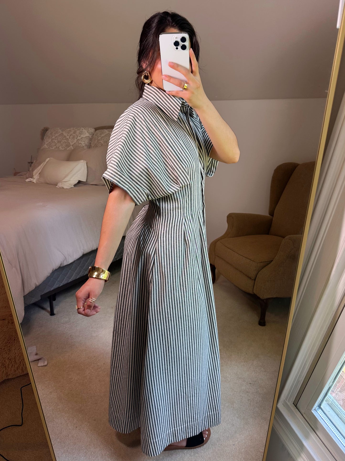 Black & White Striped Pleated Maxi Button Up Dress