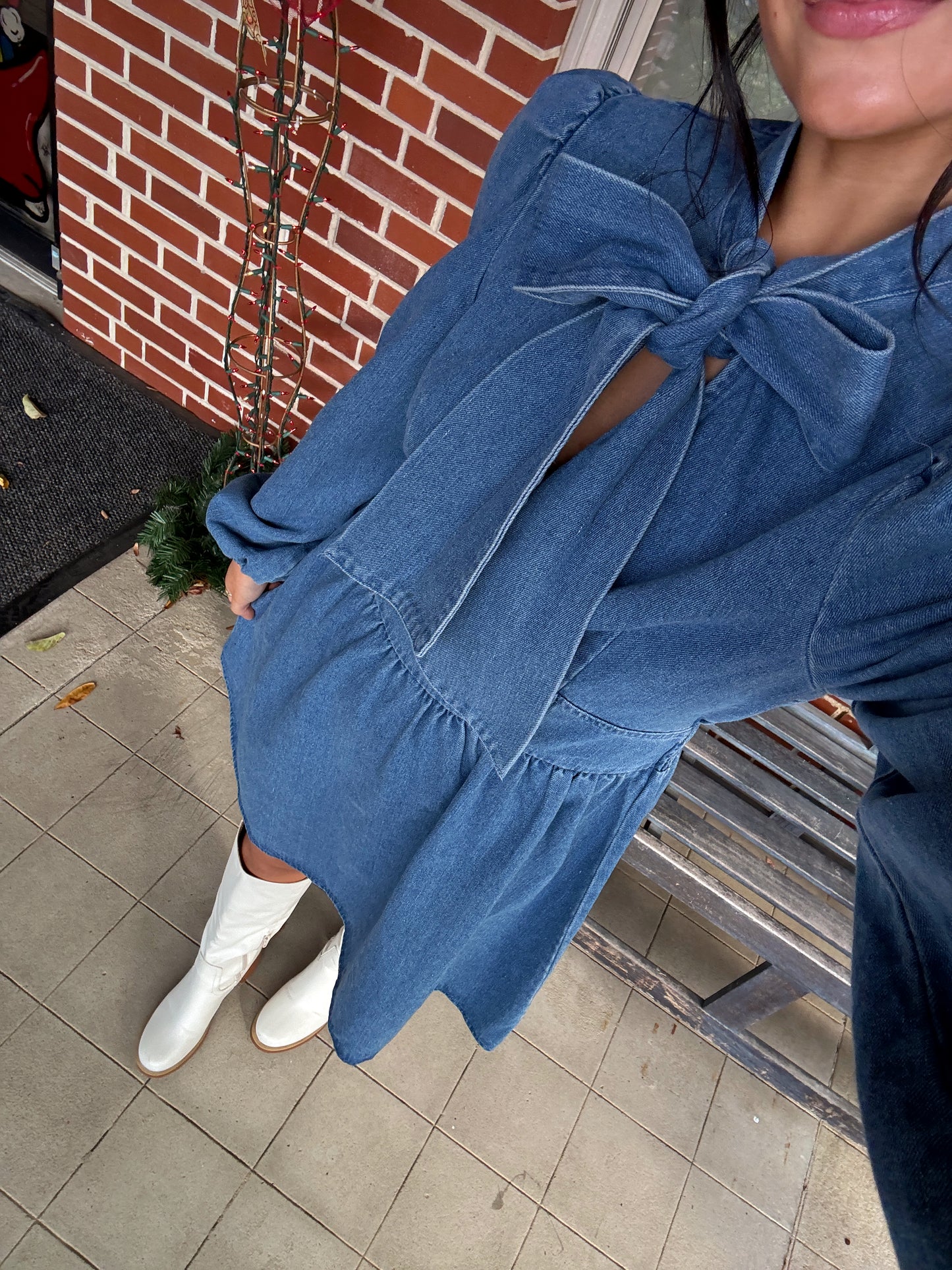 Denim Bow Mockneck Dress