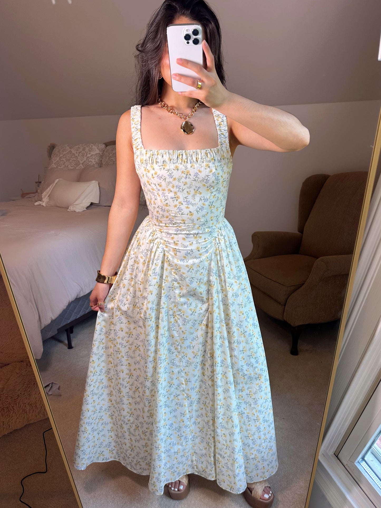 Yellow Ditsy Floral Midi Dress