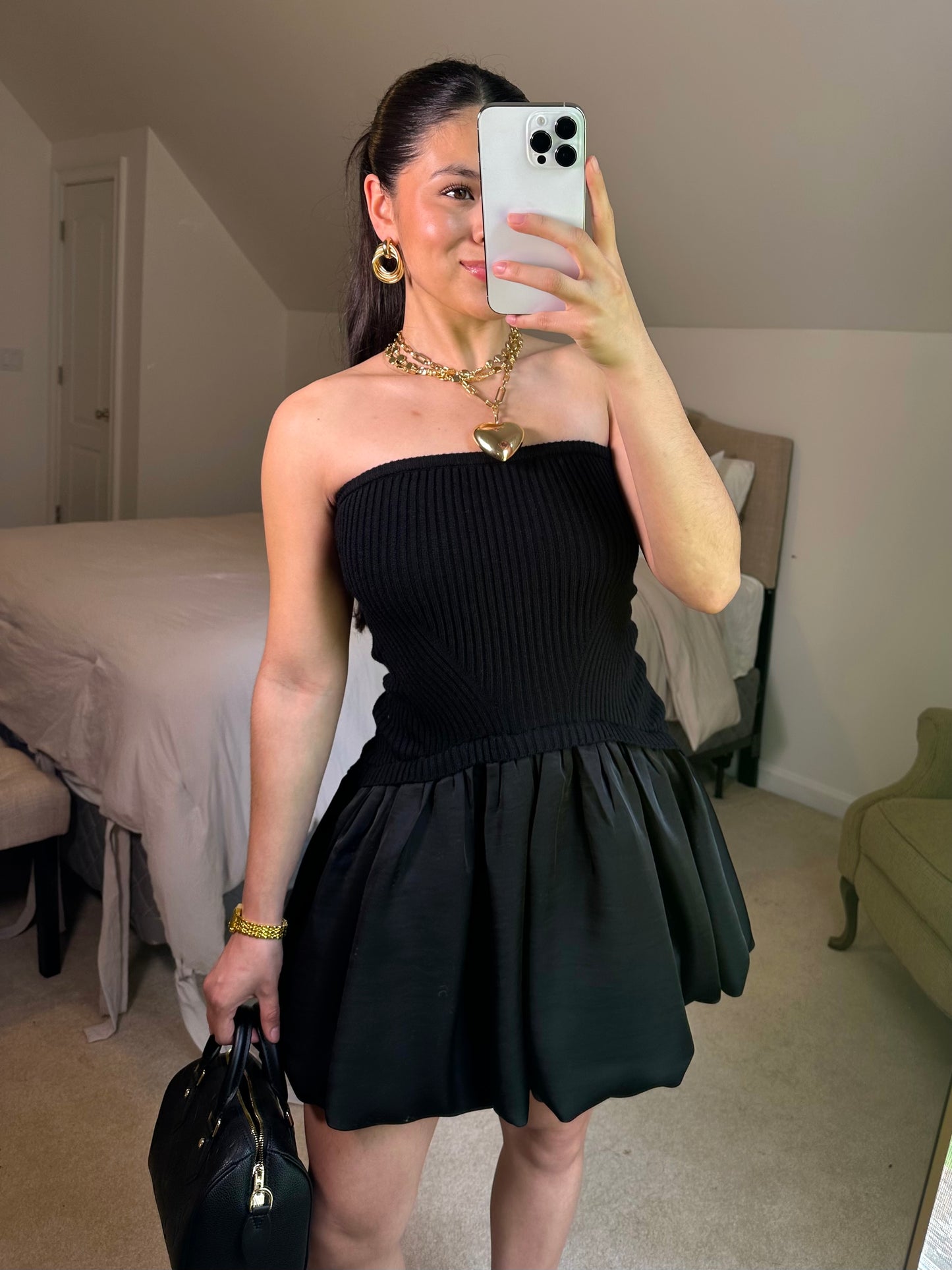 Black Mixed Sweater & Bubble Hem Mini Dress