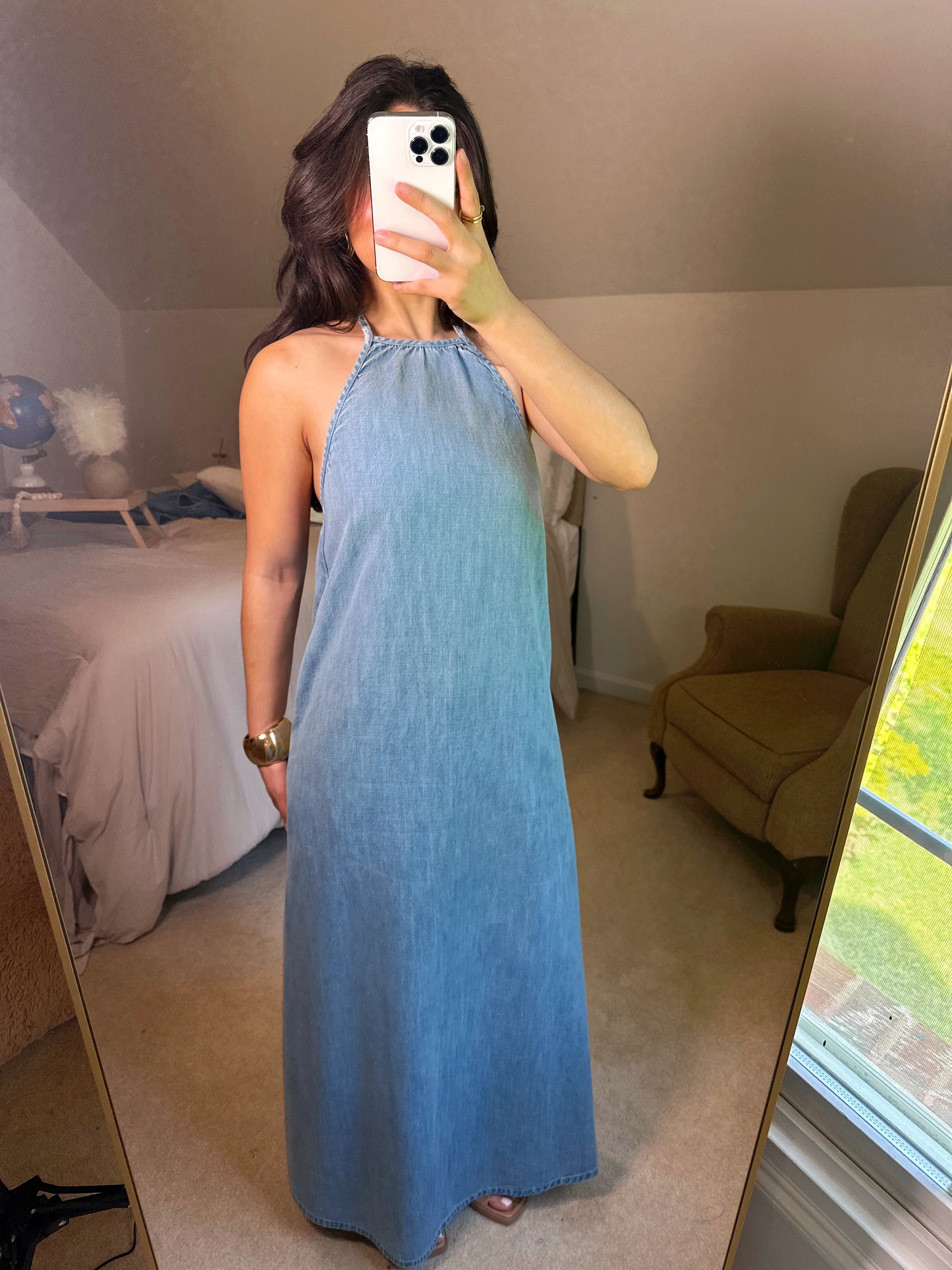 Denim Halter Open Back Maxi Dress