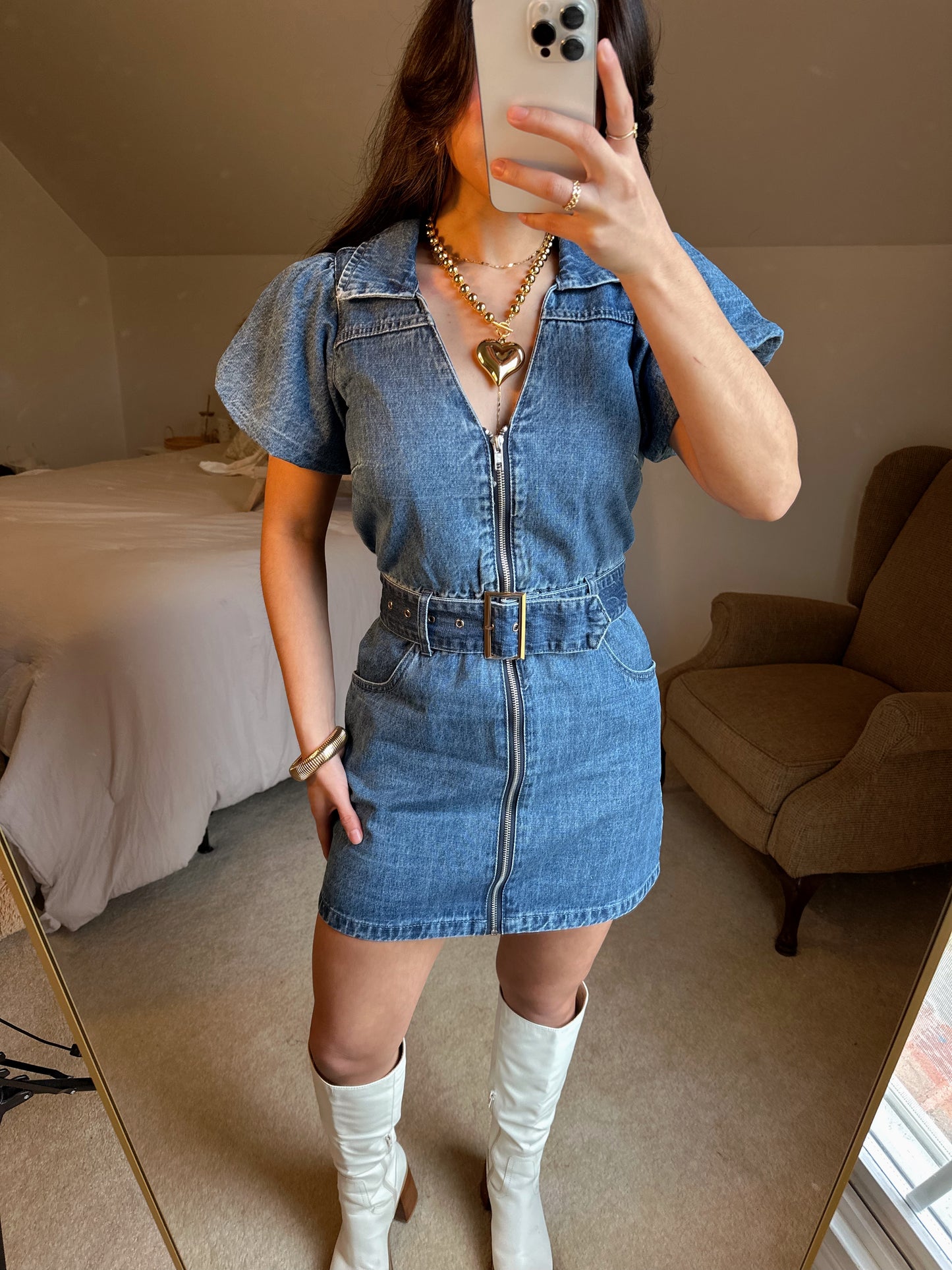 Denim Belted Zip-Up Dress