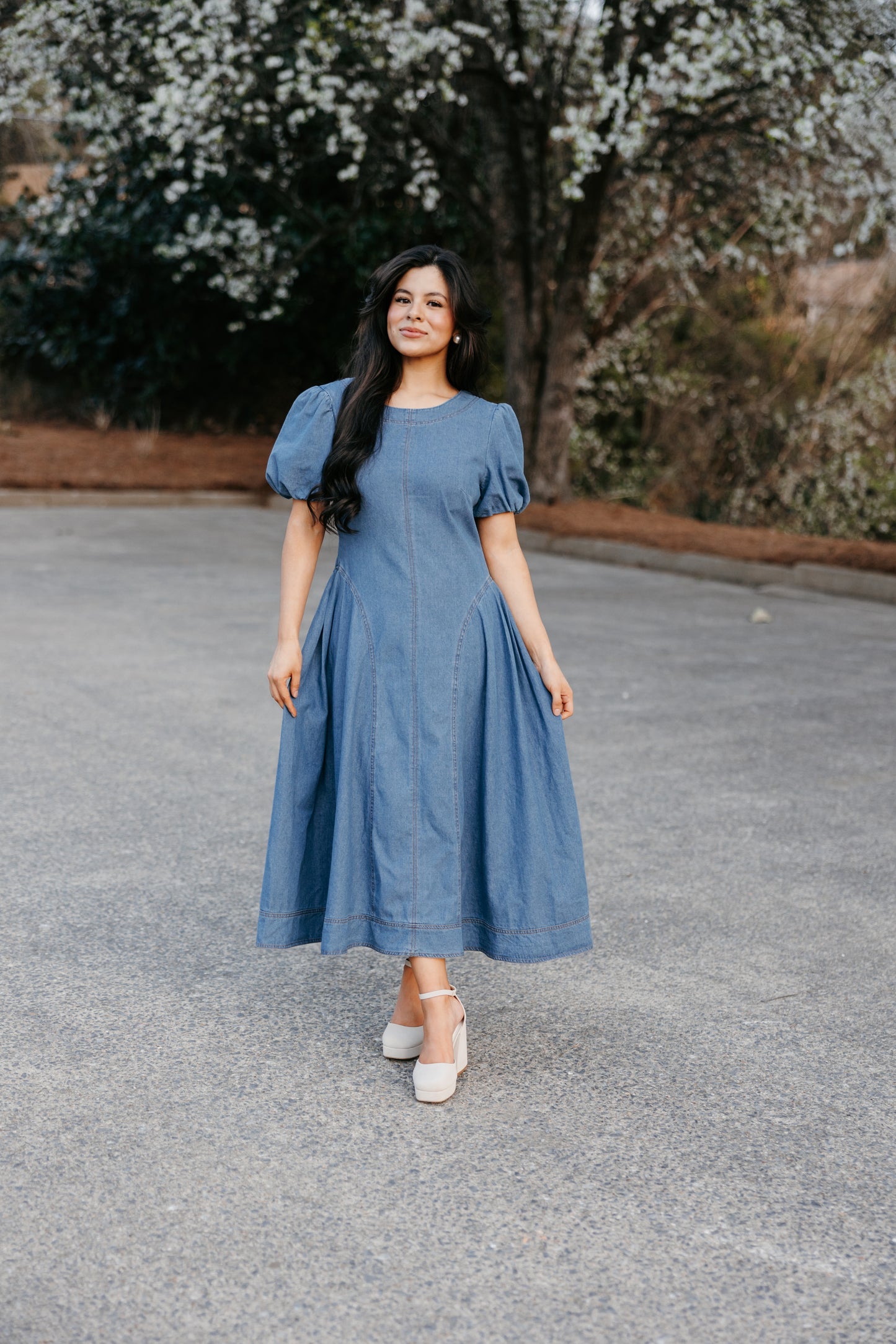Denim Pleated Drop Waist Maxi Dress
