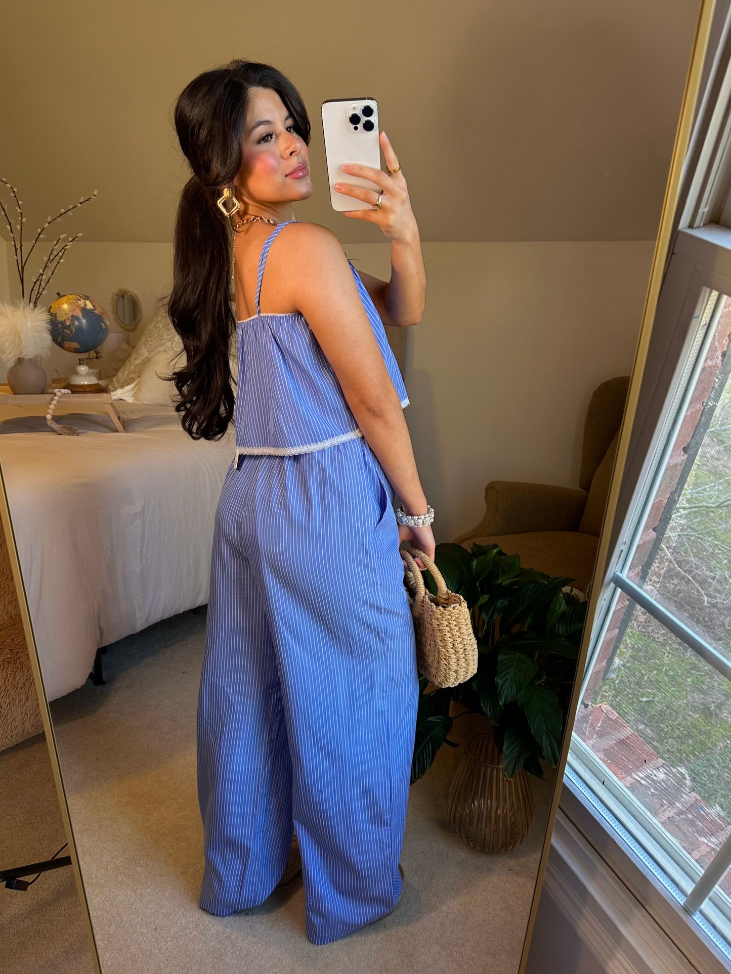 Blue Striped Poplin Cami & Pants Set