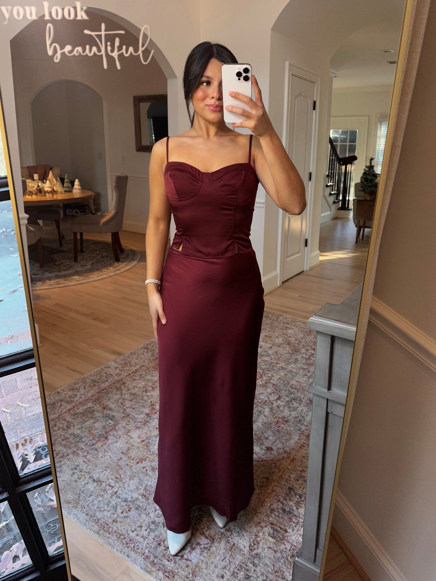 Burgundy Satin Top & Skirt Set