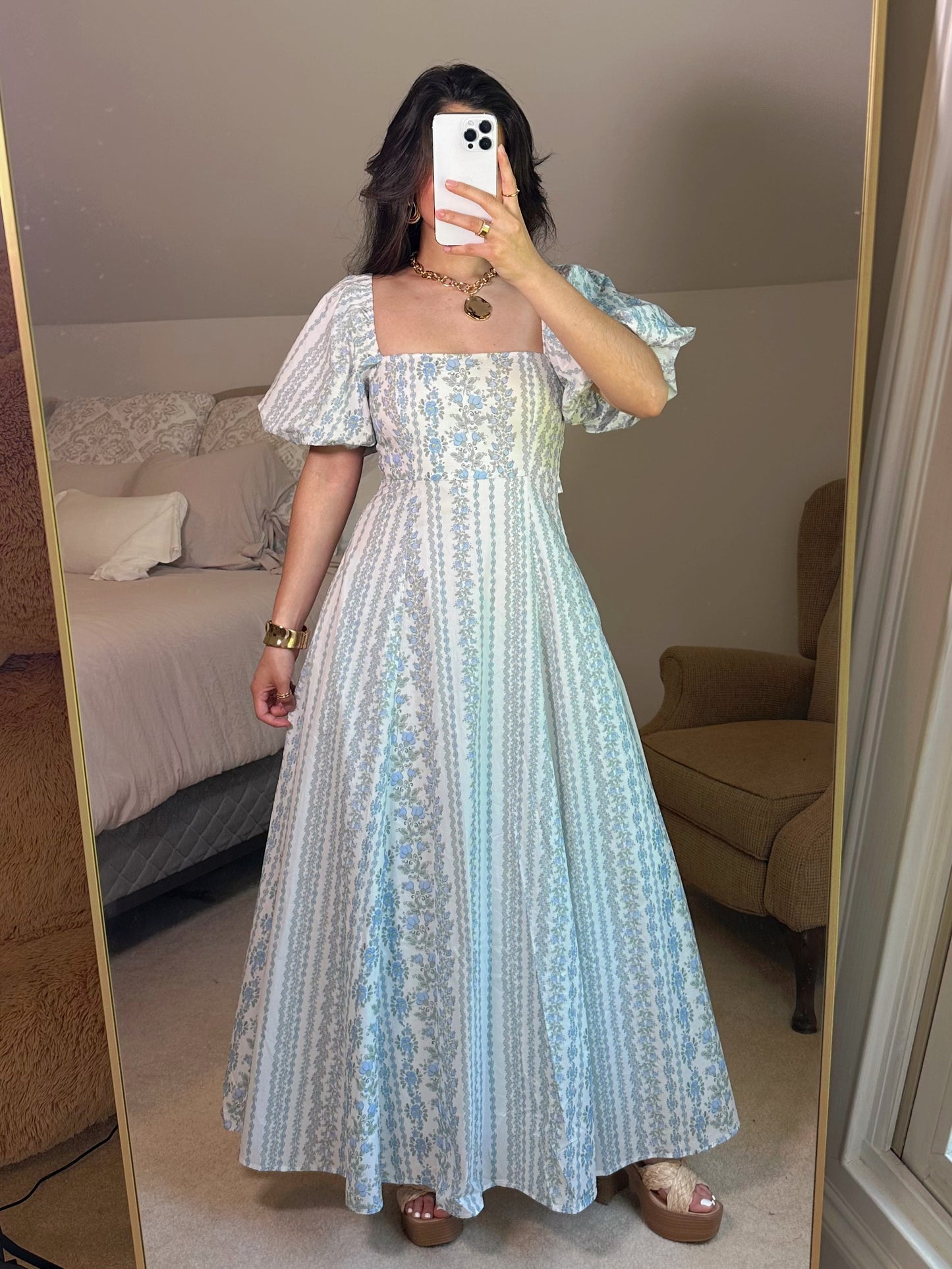Blue Florals Puff Sleeve Maxi Dress