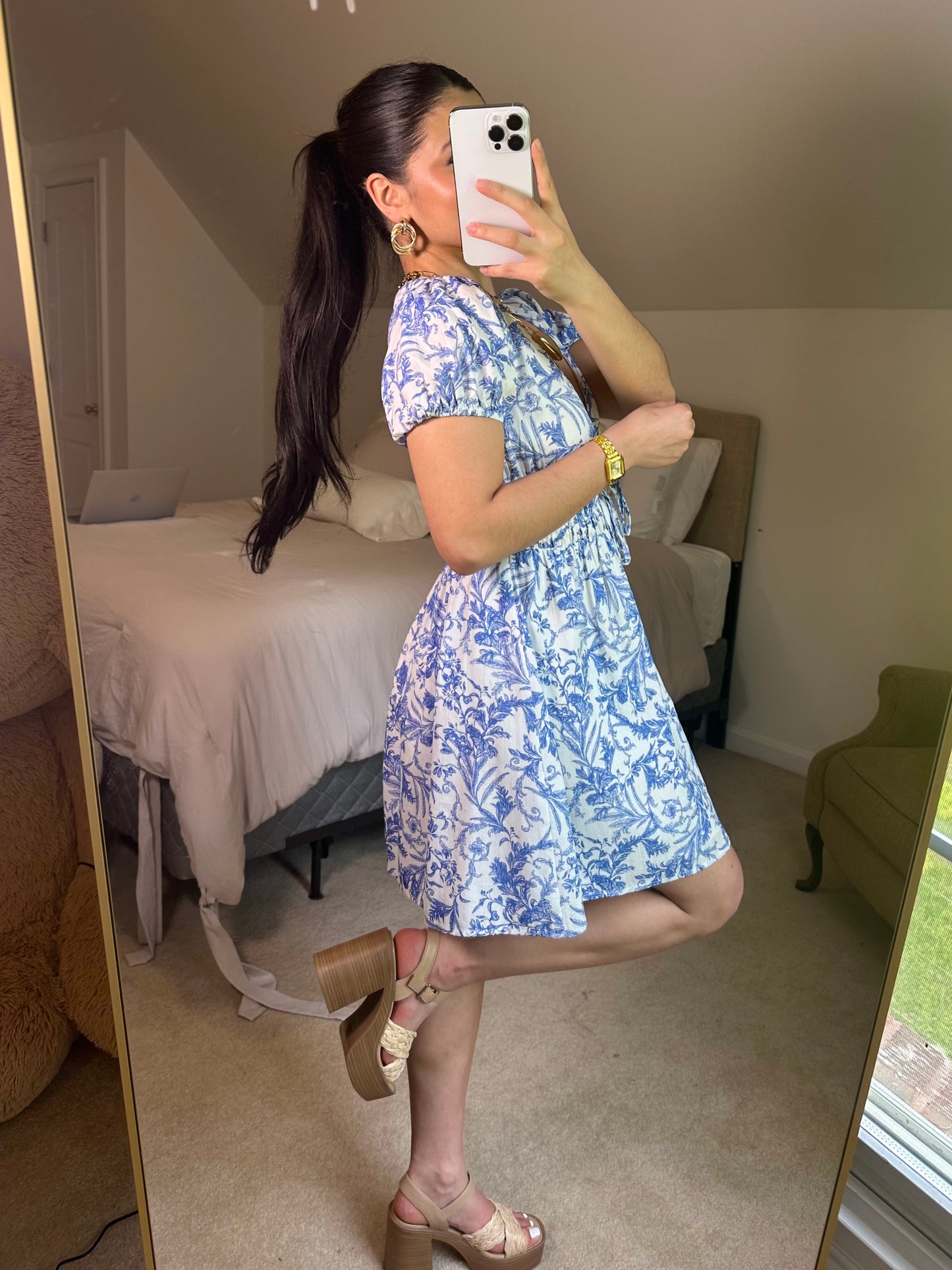 Blue Vines Plunge Neckline Mini Dress