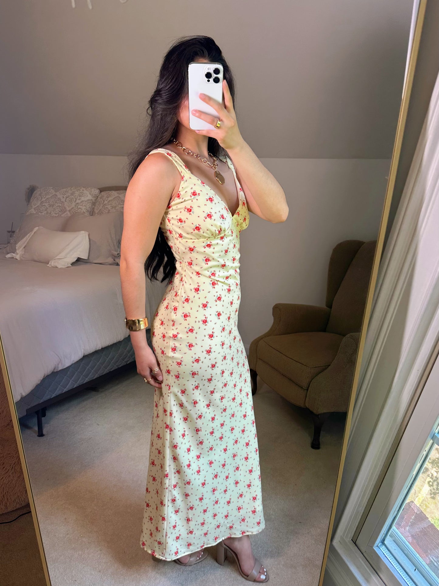 Yellow & Red Floral Satin Midi Dress