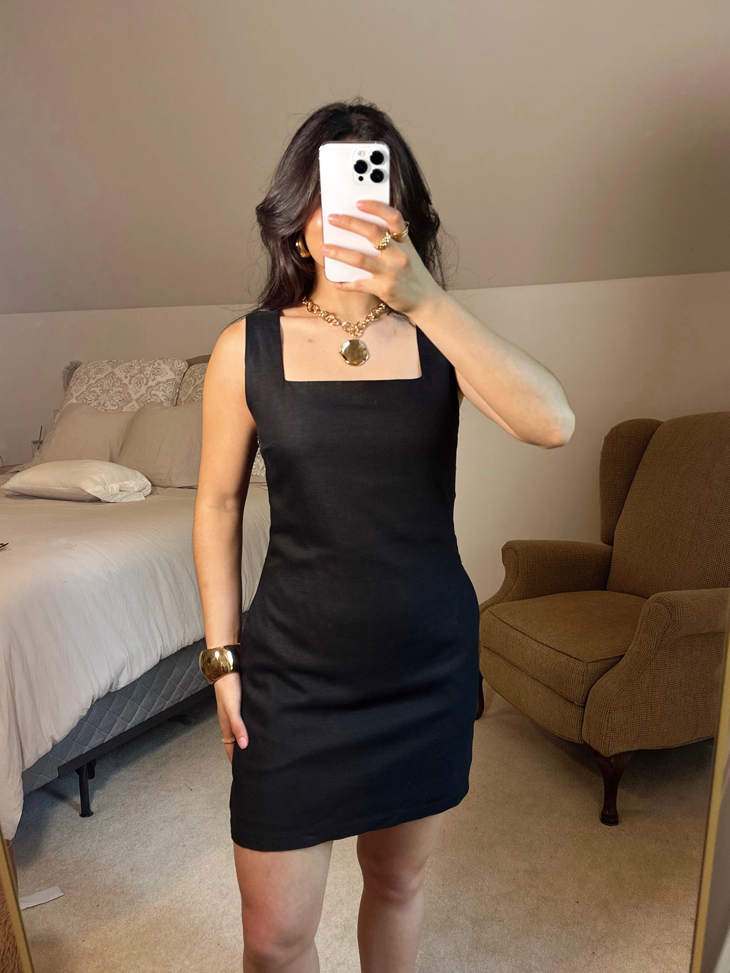 Black Linen Square Neck Dress