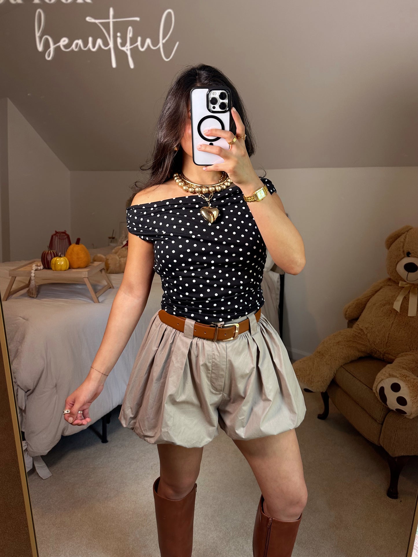 Black White Polka Dot Off-Shoulder Top