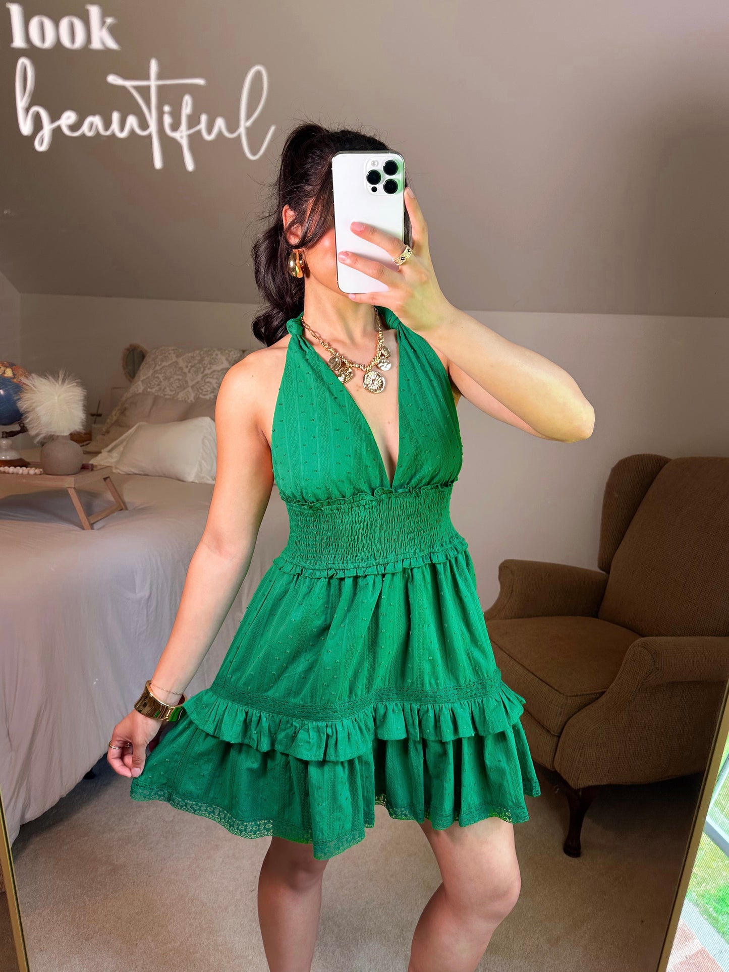 Green Lace Halter Neck Dress