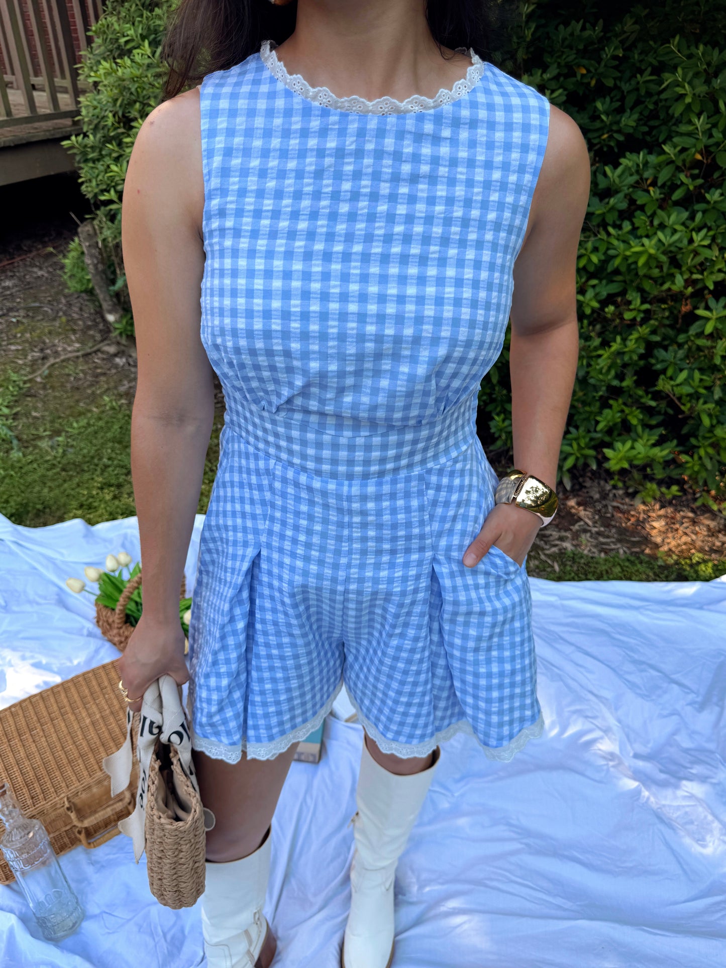 Baby Blue Gingham Lace Trim Romper
