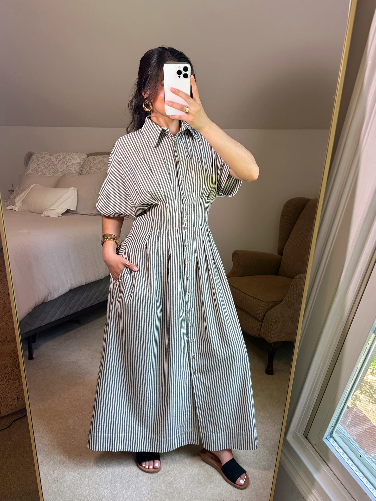 Black & White Striped Pleated Maxi Button Up Dress