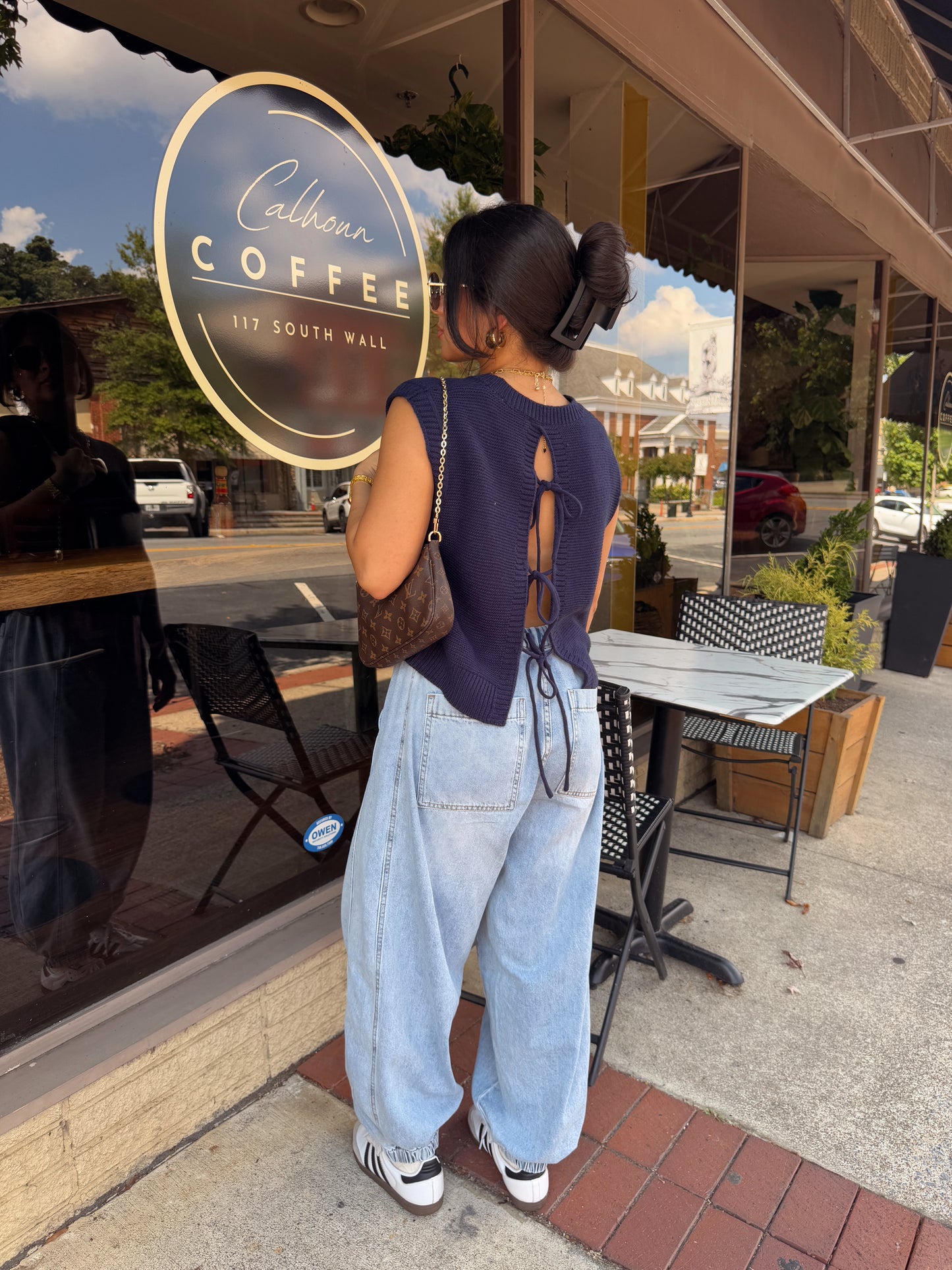 Navy Open Back Knit Top