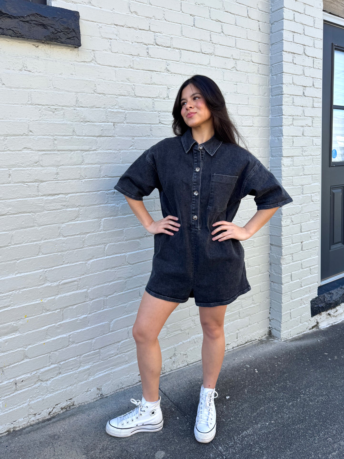 Classic Washed Black Denim Romper