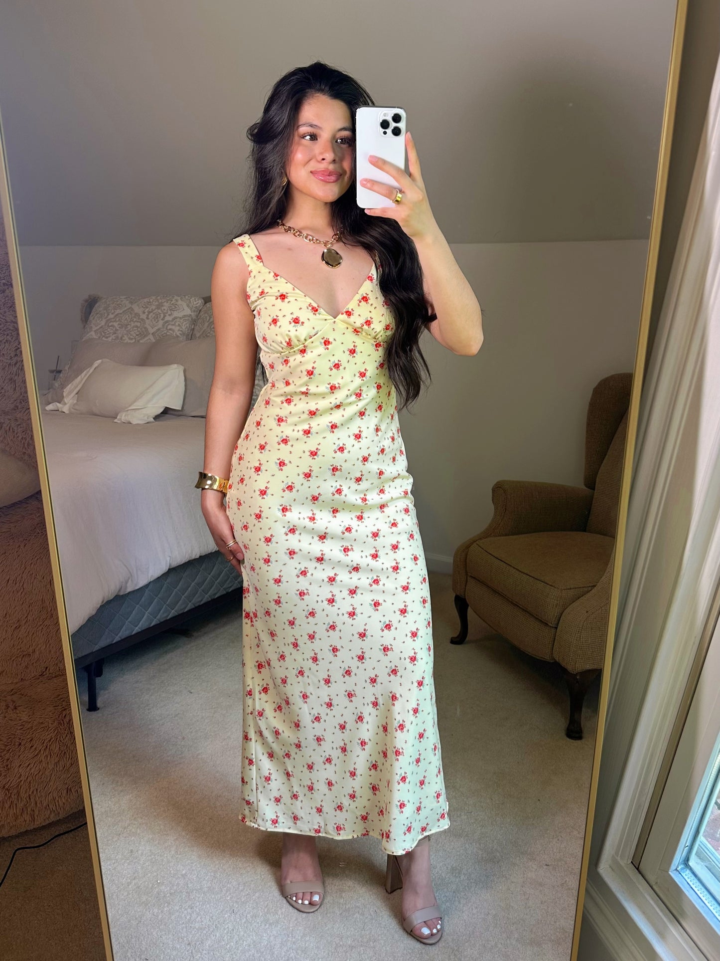 Yellow & Red Floral Satin Midi Dress
