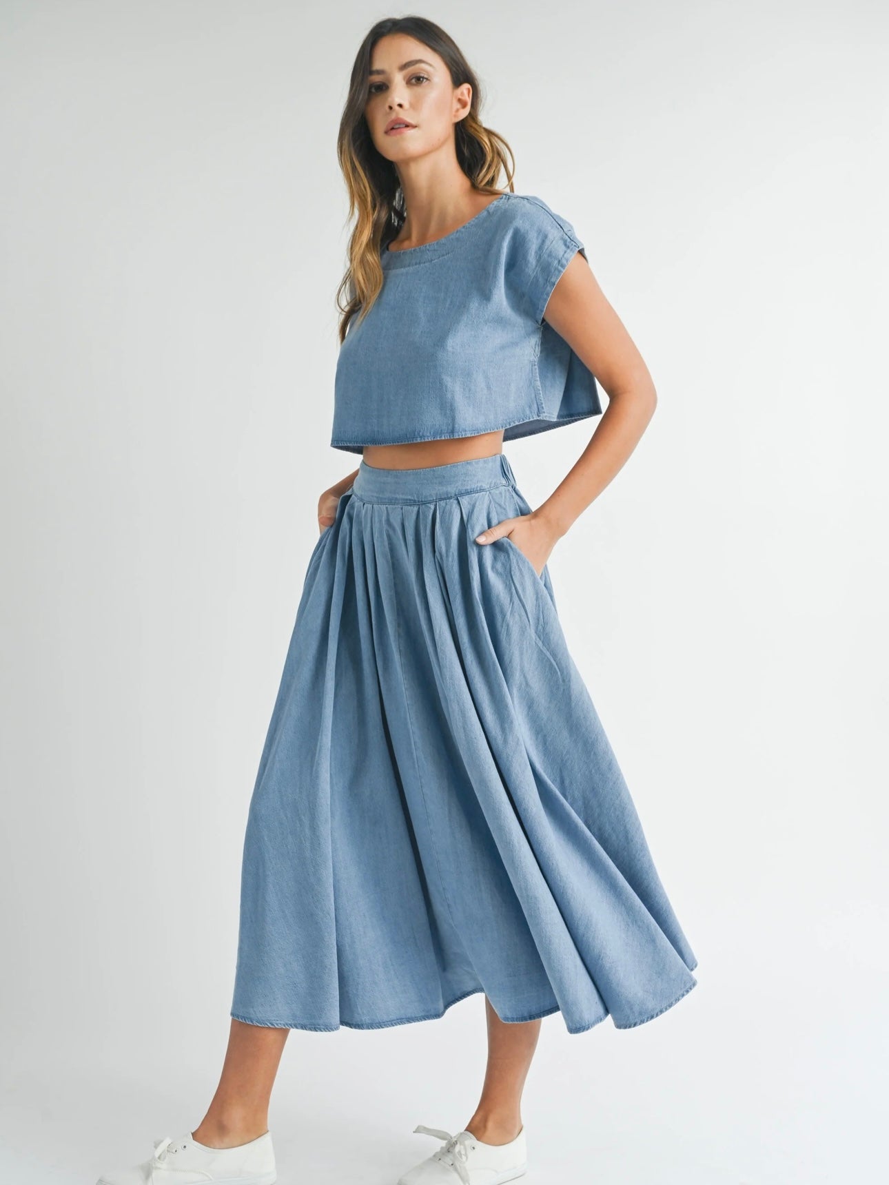 Denim Top and Poplin Pleated Skirt Set