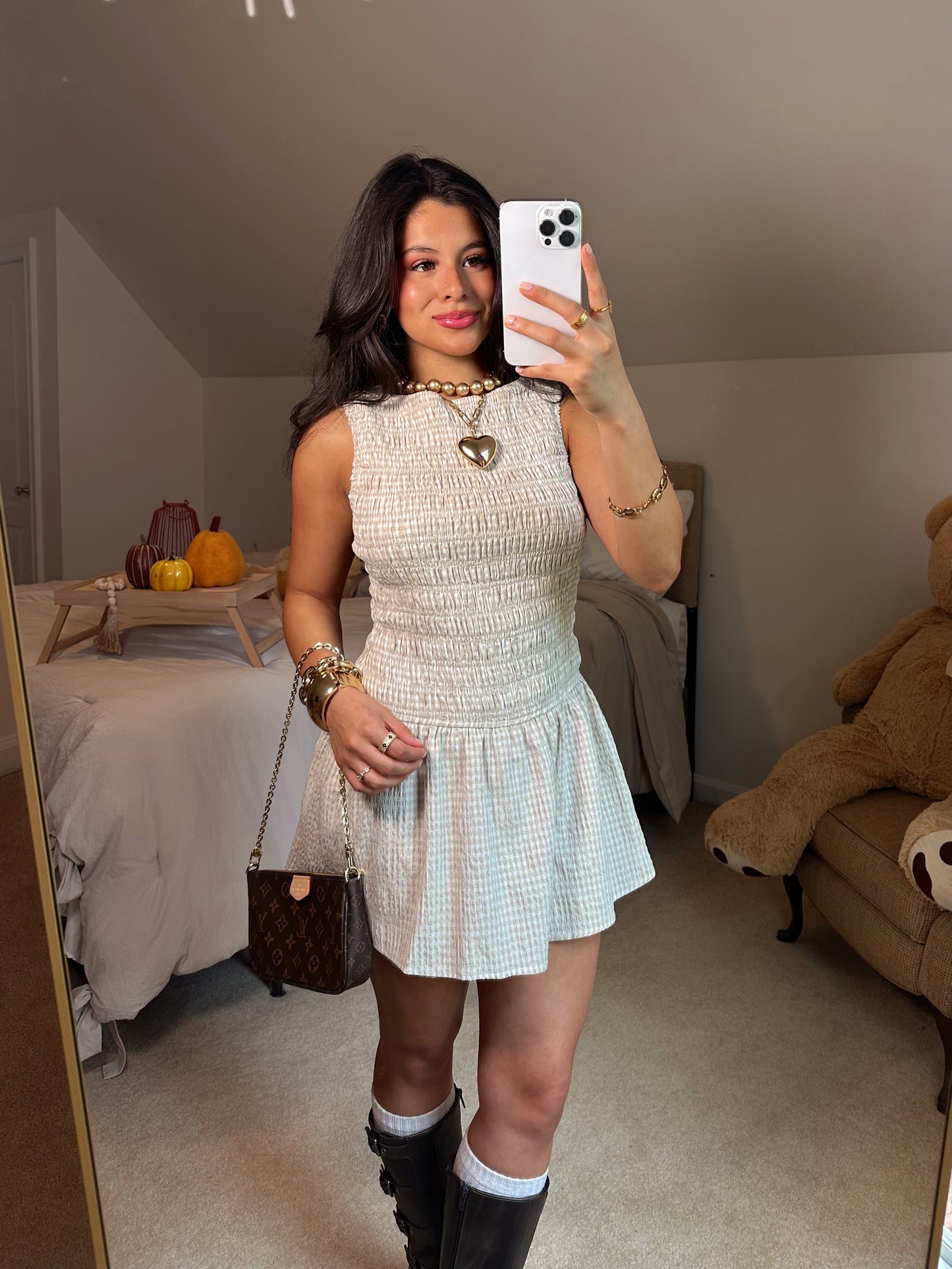 Taupe & White Gingham Romper
