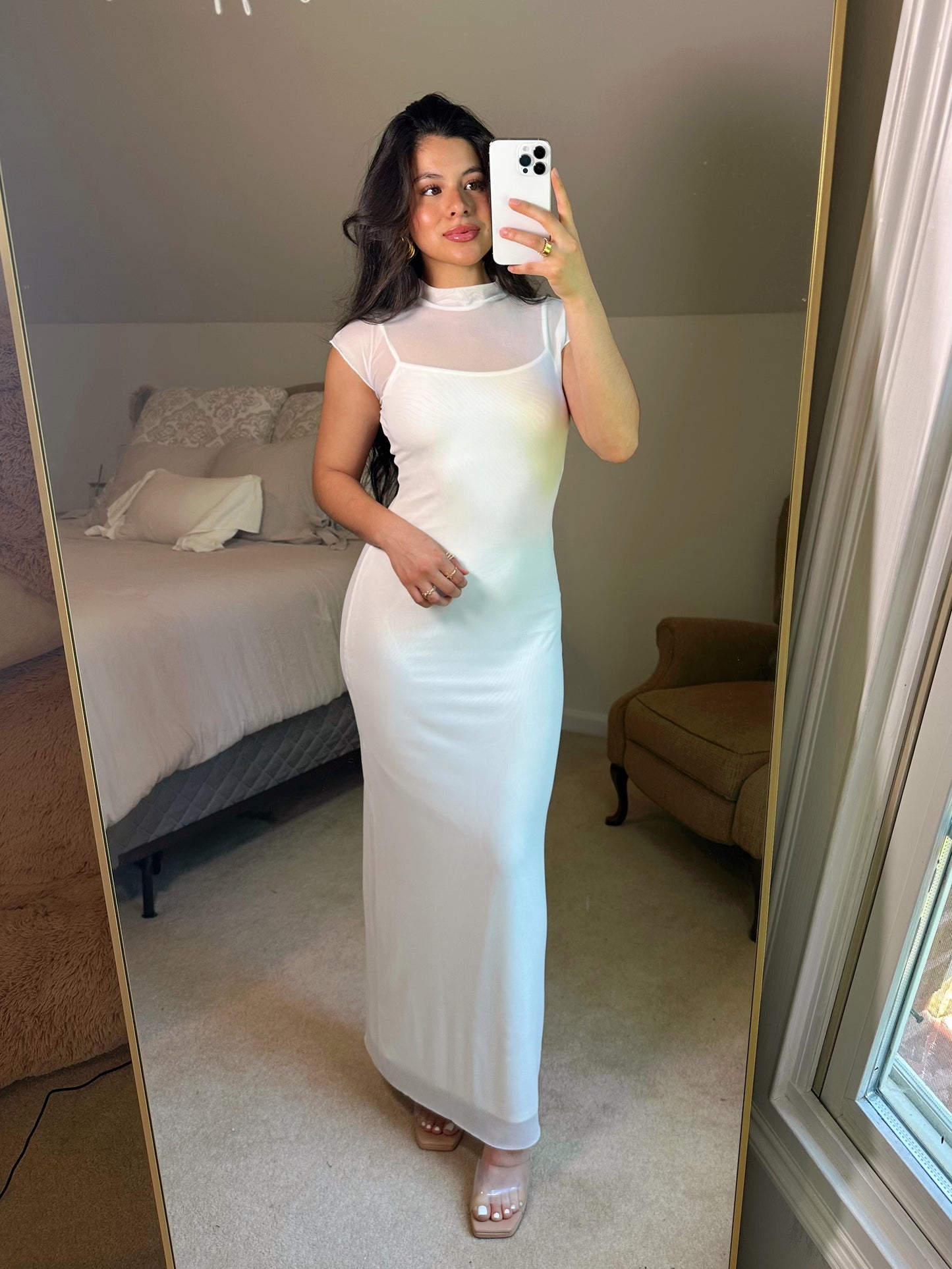 White Mockneck Mesh Maxi Dress