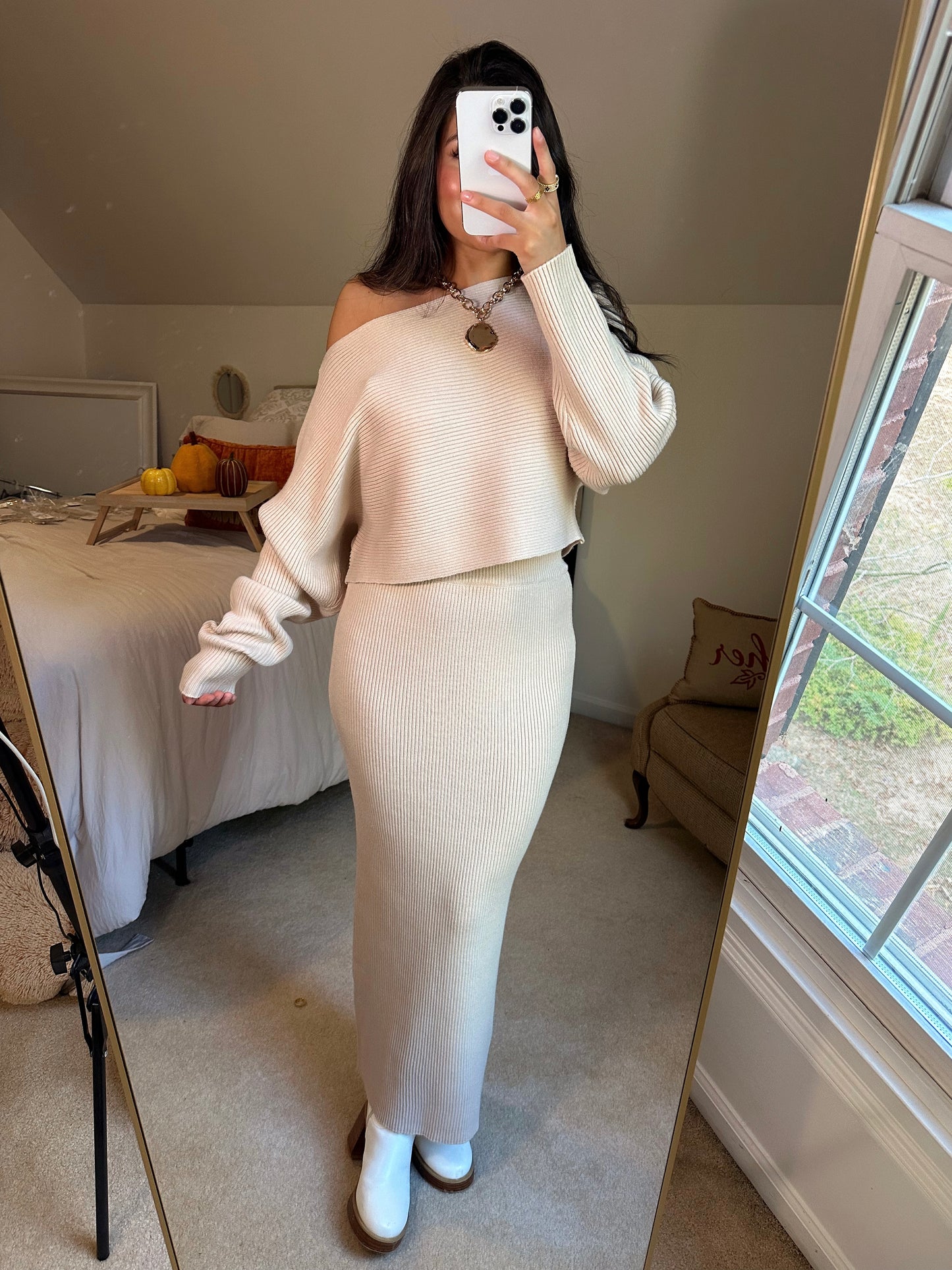 Light Taupe Sweater & Skirt Set