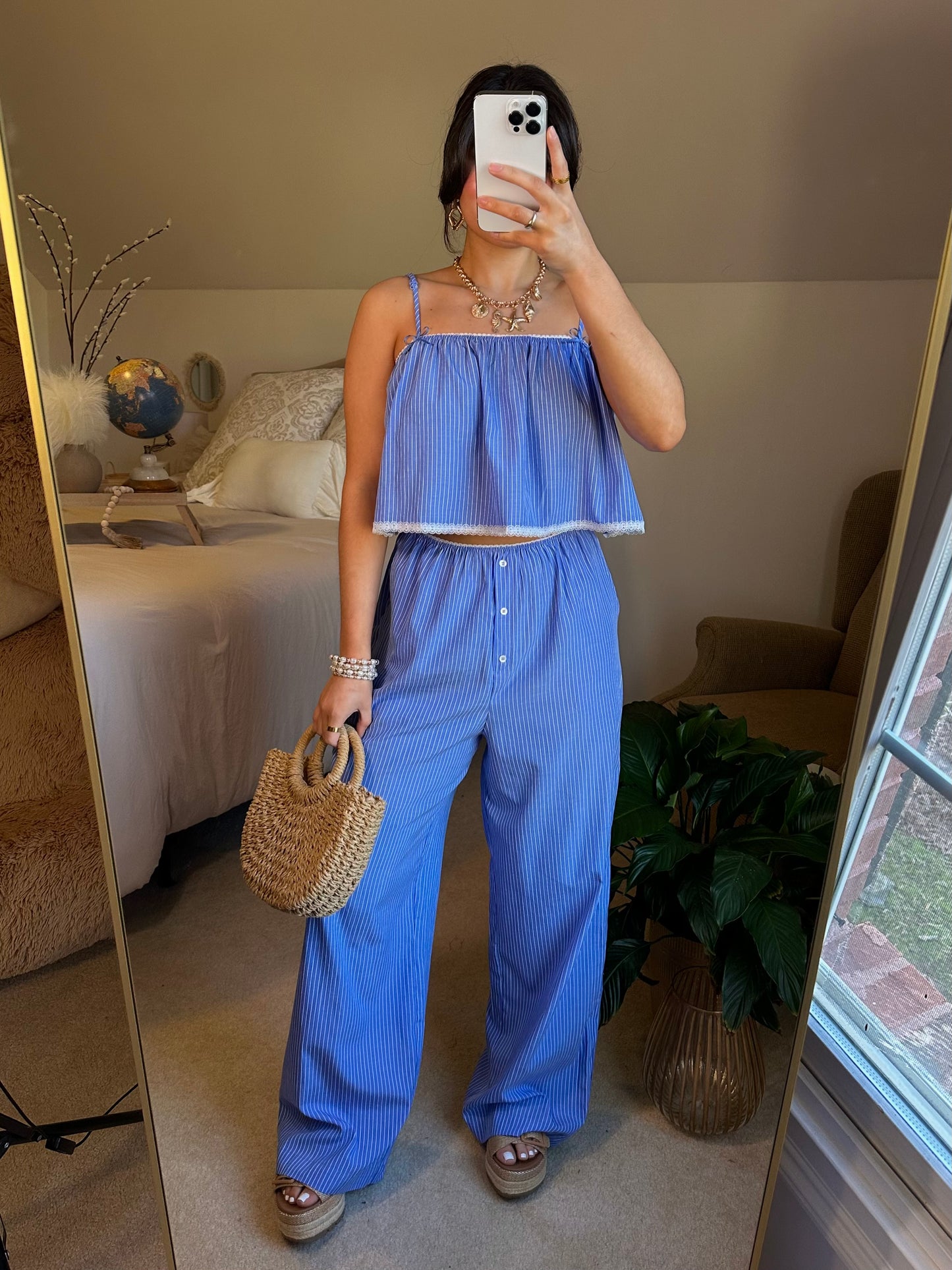 Blue Striped Poplin Cami & Pants Set
