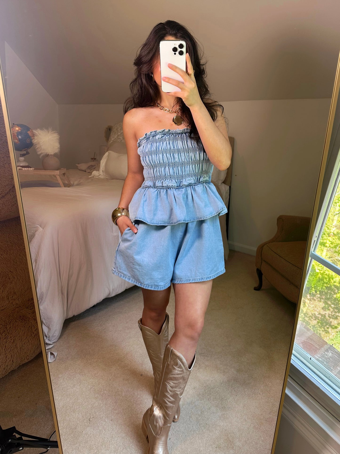 Denim Smocked Strapless Romper