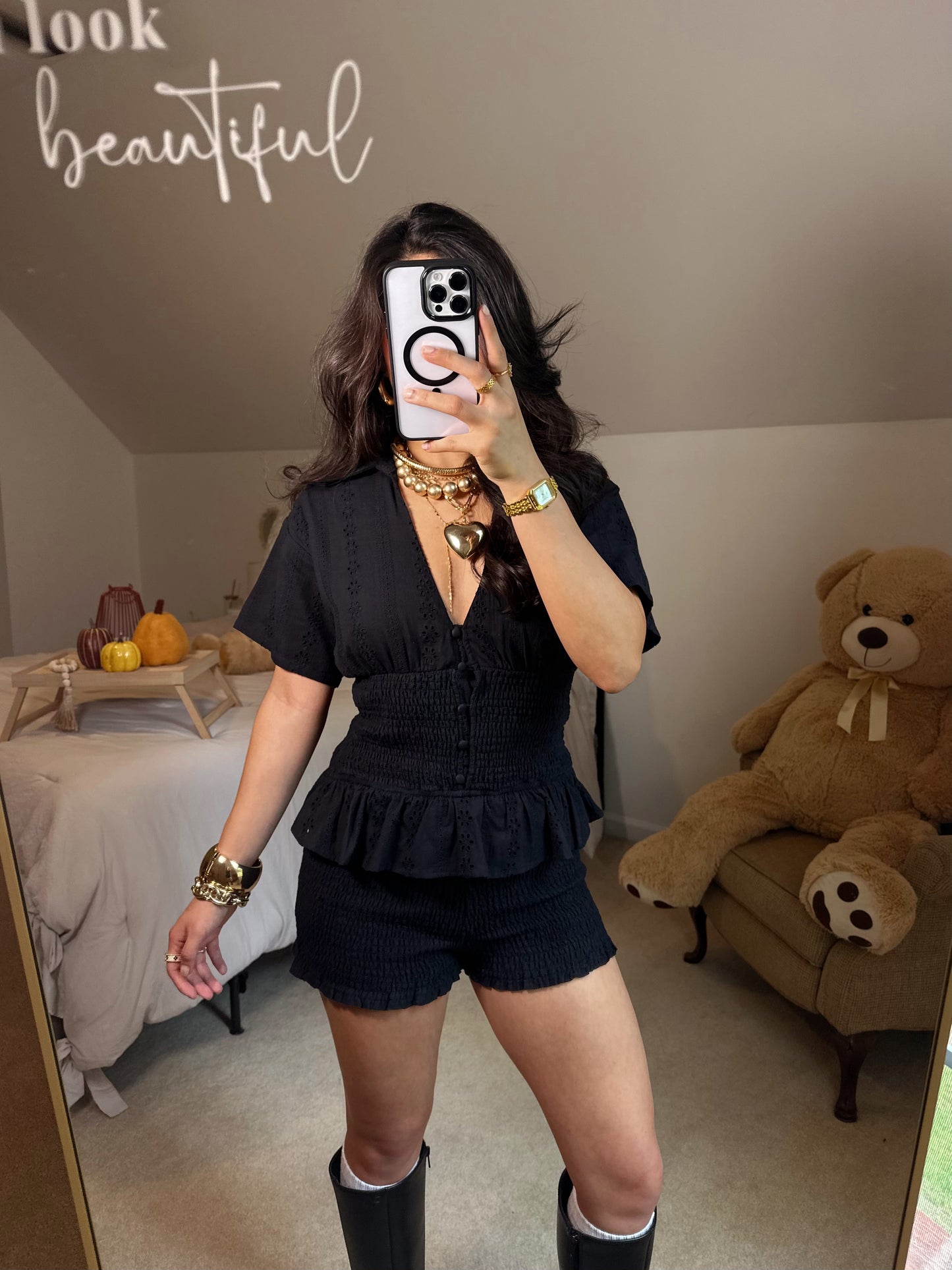 Black Ditsy Floral Smocked Romper