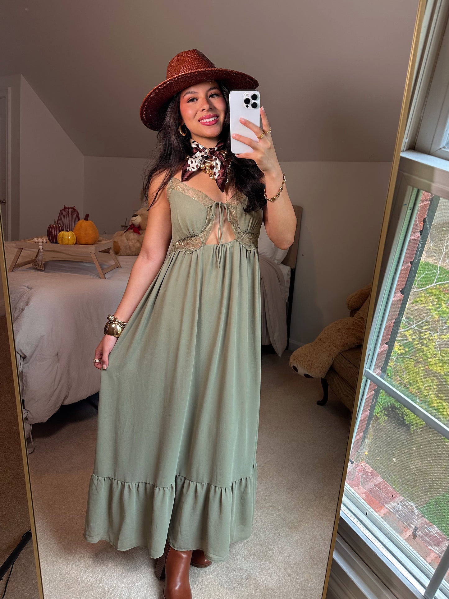 Olive Lace Cut-Out Maxi Dress