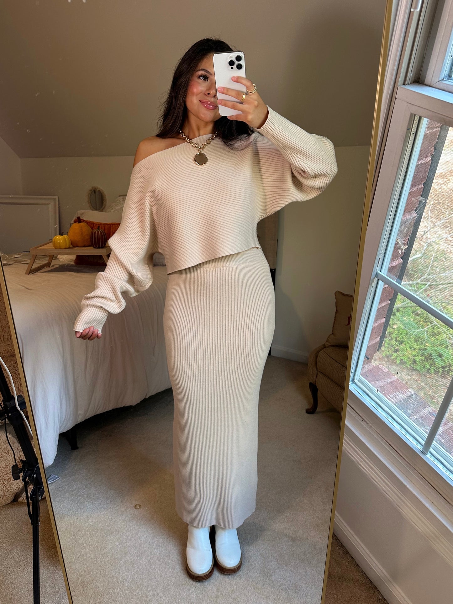 Light Taupe Sweater & Skirt Set