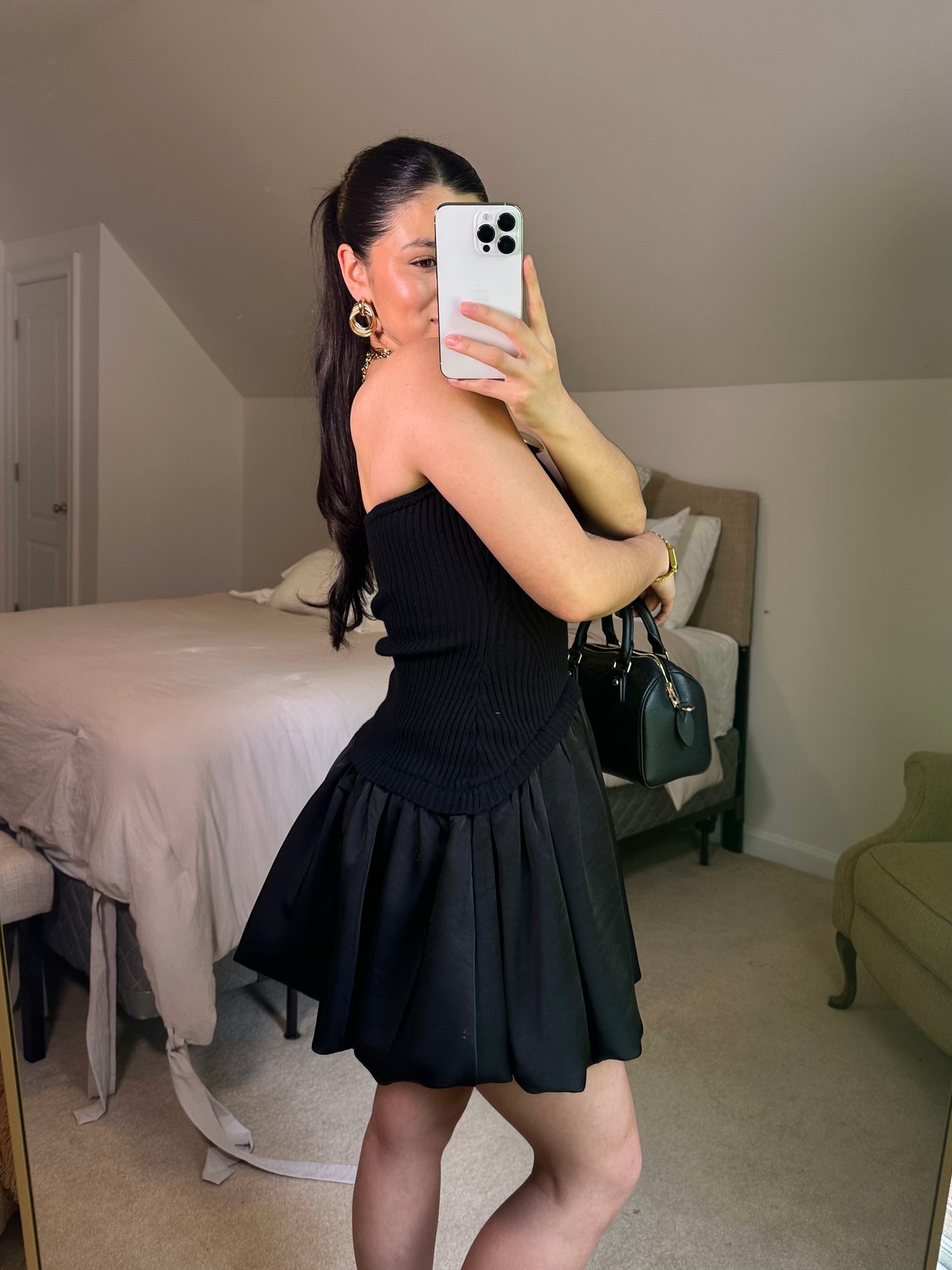 Black Mixed Sweater & Bubble Hem Mini Dress