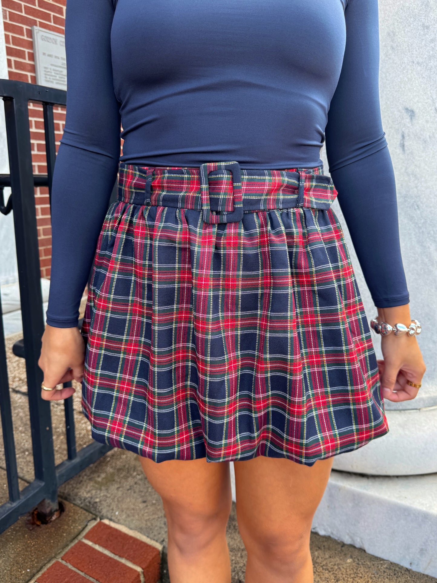 Navy Christmas Plaid Bubble Skirt